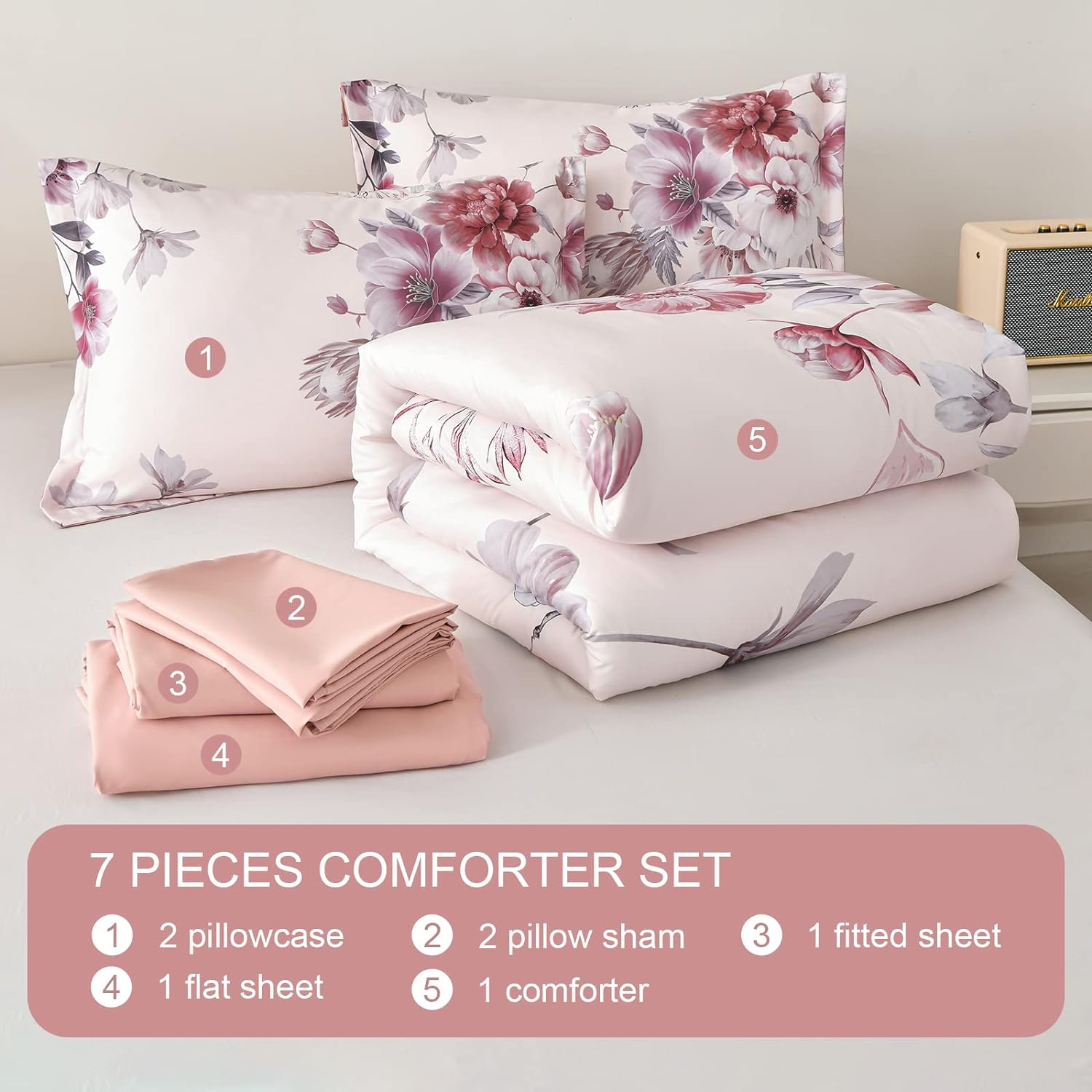Floral Comforters Queen Size 7 Pieces Botanical Pink Bed in a Bag Ulter Soft Microfiber Bedding Set, Lightweight Bed Comforter Set with Sheets for All Season (Pink, Queen) image number 4