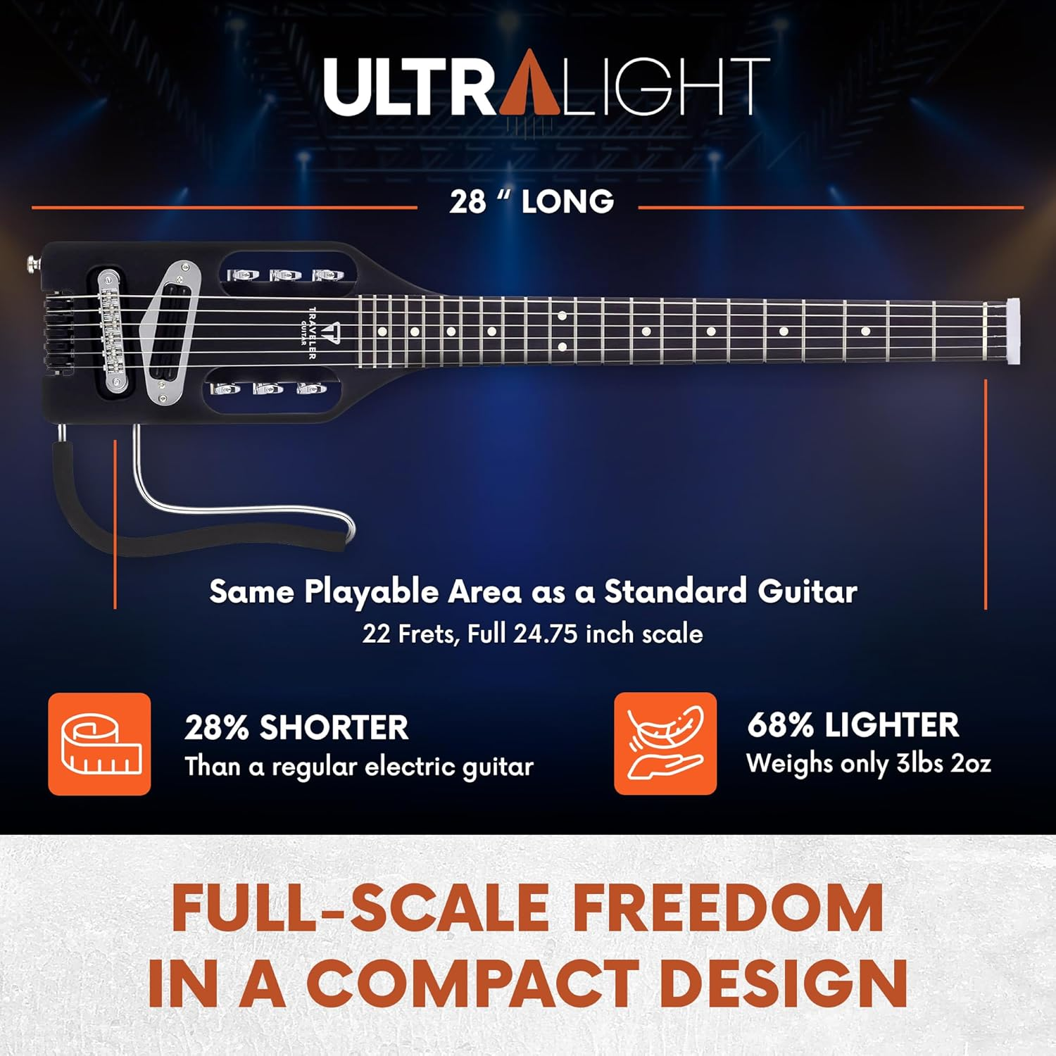 Traveler Guitar Ultra-Light 6-String Right-Handed Electric Travel Guitar, Matte Black