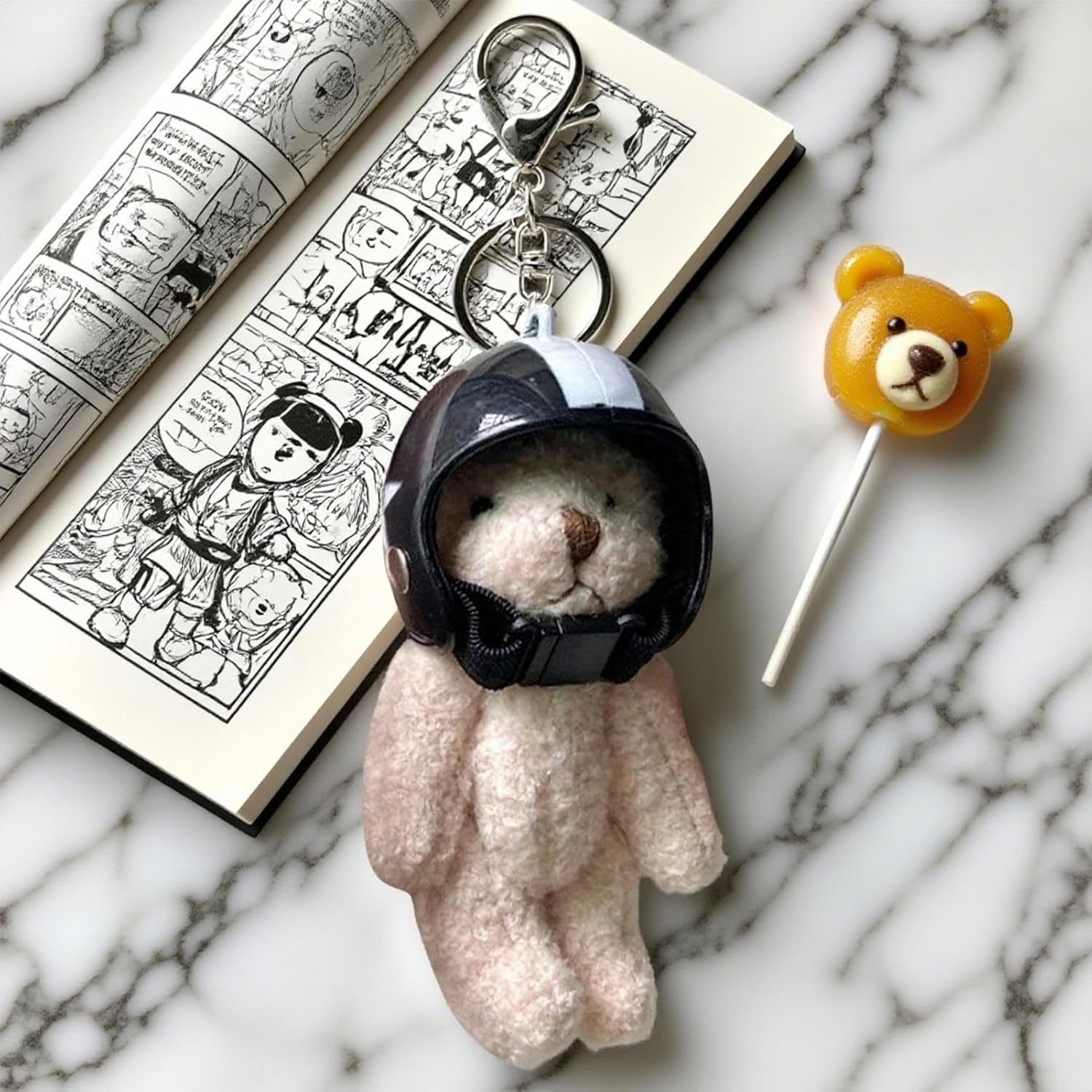 Humkopnl Cute Bear Keychain,Bear Plush Bag Charm with Helmet - Stylish Pendant, Key Chain for Travel Schoolbag Women Wallet - White image number 5