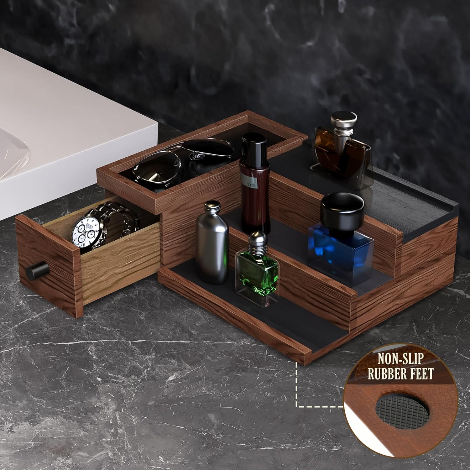 Nihome Handcrafted 3 Tier Wooden Cologne Organizer for Men, Mens Cologne Perfume Stand Organizer Solid Wood W/Hidden Compartments, Multi-Level Storage for Modern Gentleman'S Accessory Organization image number 6