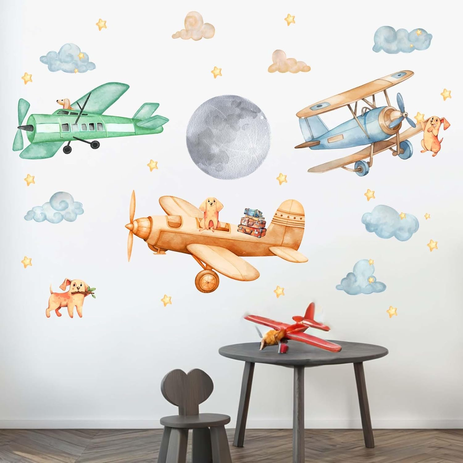 Amimagen Airplane Wall Decals - Puppy Aircrafts Wall Stickers - Kids Baby Boys Nursery Children Daycare Bedroom Playroom Wall Decor image number 2