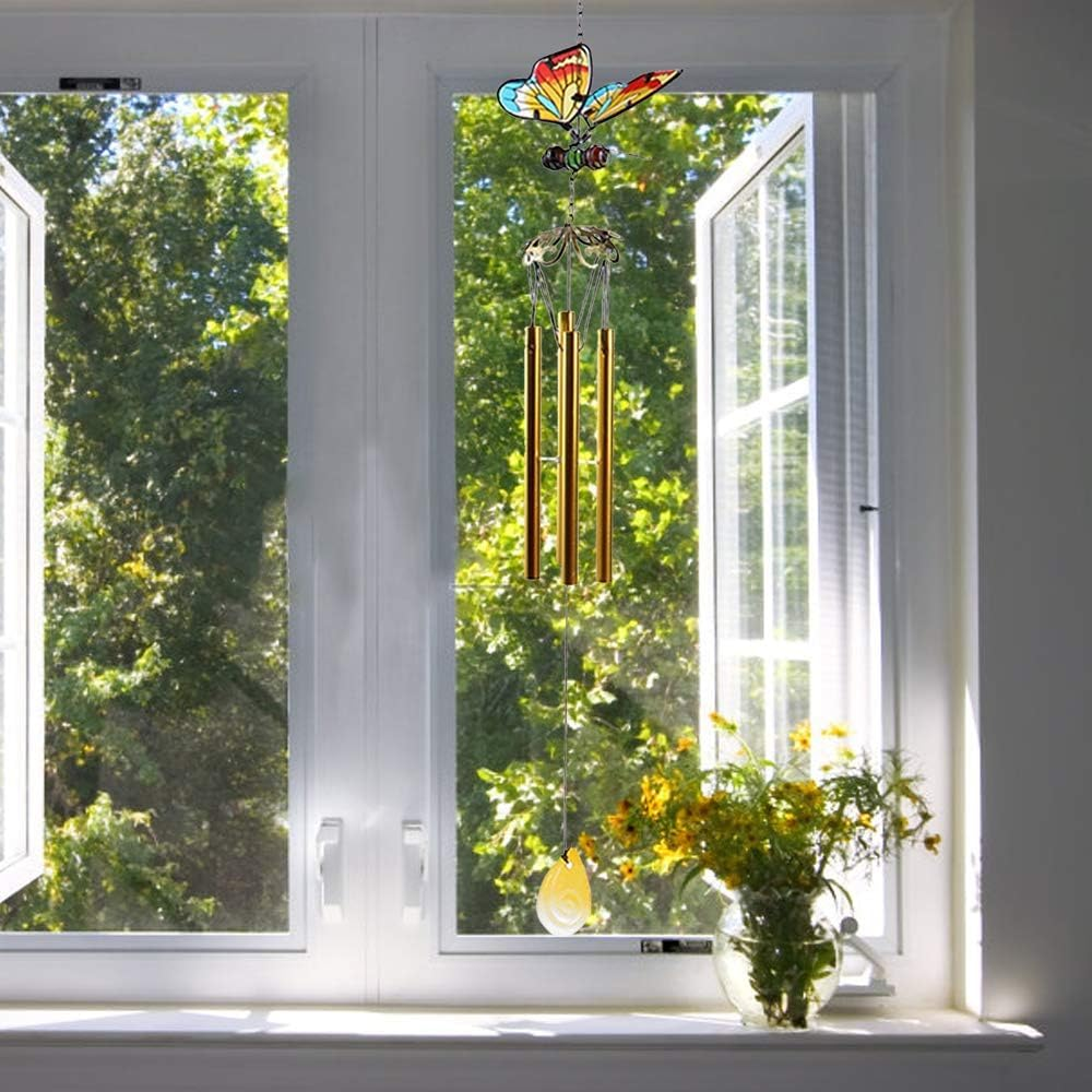 Butterfly Wind Chimes, 70Cm Iron Stained Glass Butterfly Wind Chimes Gifts for Mom Outdoor/Indoor Wind Chimes for Home, Garden, Window, Yard, Patio, Lawn Decoration (Yellow) image number 3