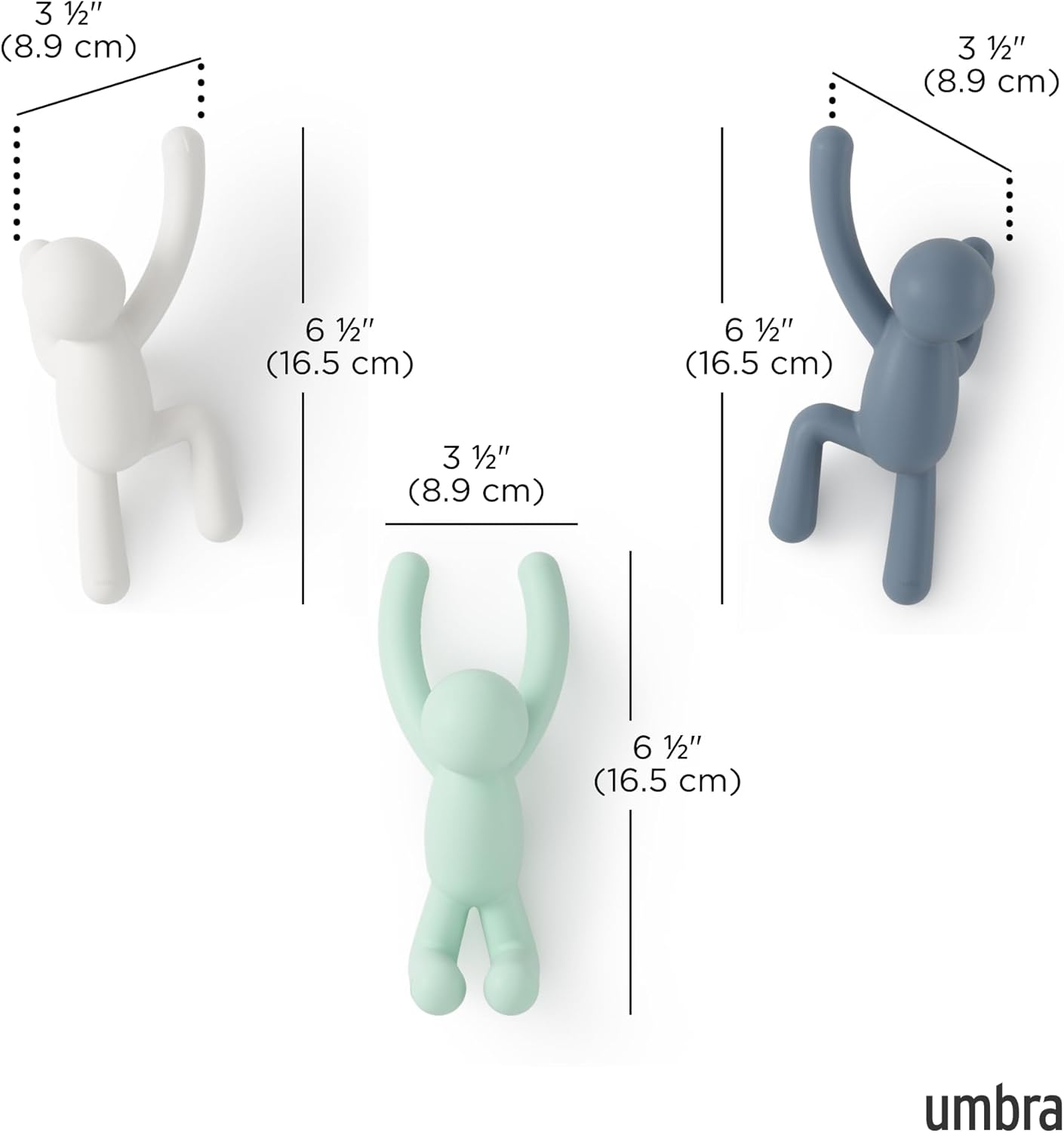 Umbra 318165-370 Buddy Wall Hooks &ndash; Decorative Wall Mounted Coat Hooks for Hanging Coats, Scarves, Bags, Purses, Backpacks, Towels and More, Set of 3, Light Multicolored Hooks & Entry, 10 Inch L X 7.5 Inch W X 3 Inch H - Assorted Grey image number 6