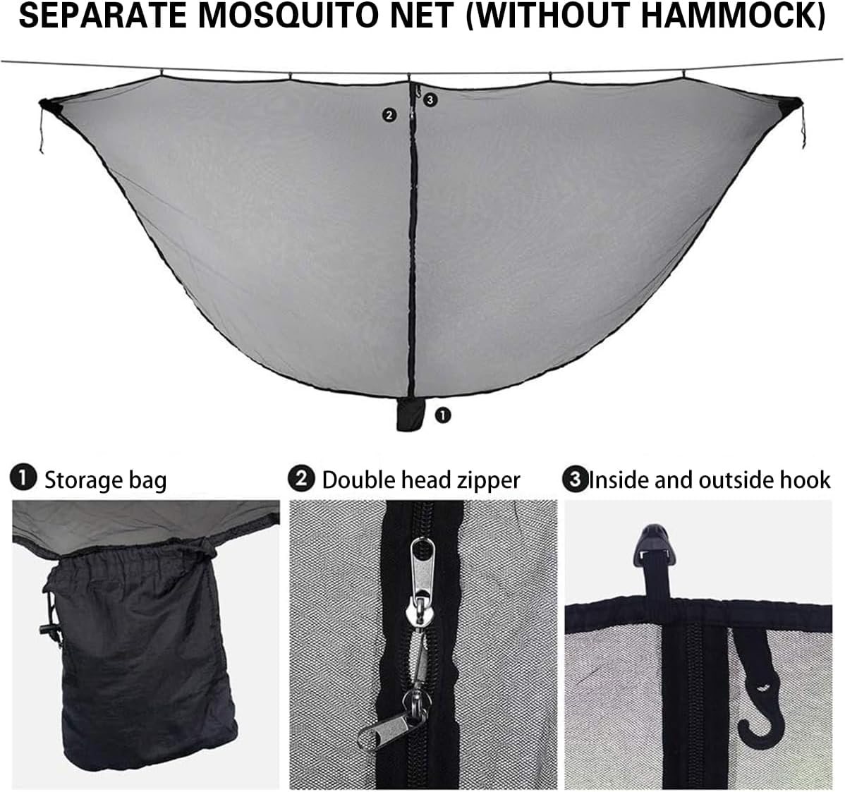 AIMALL Separate Mosquito Net Cover for Hammock, Anti-Mosquito Outdoor Net with Zipper and Hooks, Durable, 6M Hanging Rope for Outdoor Camping and Travel, No Hammock Included - Grey image number 3