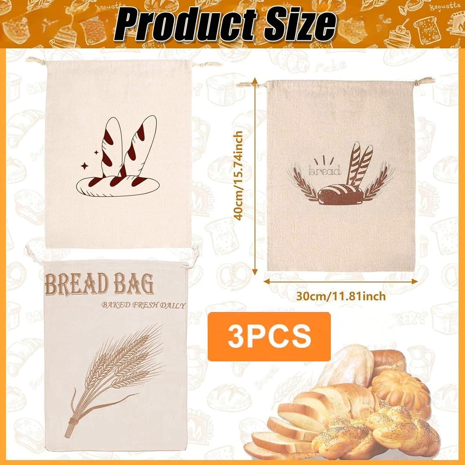 MYTOAU 3 Pcs Linen Bread Bags,Unbleached Bread Bags for Homemade Bread Container,Food Storage Bags,15.7&times;11.8Inches Reusable Bread Storage Bags, Natural Large Storage for Artisan Bread image number 5