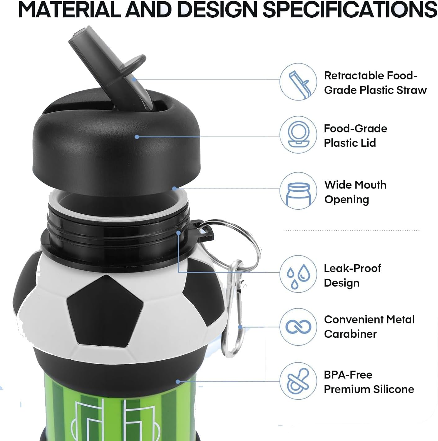 Wzenclave Sports Collapsible Water Bottle 550Ml/18.6Oz Ball Shaped Drinking Cup Foldable BPA Free Leakproof Lightweight Jug Portable Football anti Drop and Leak Proof Outdoor Sports Water Cup image number 6