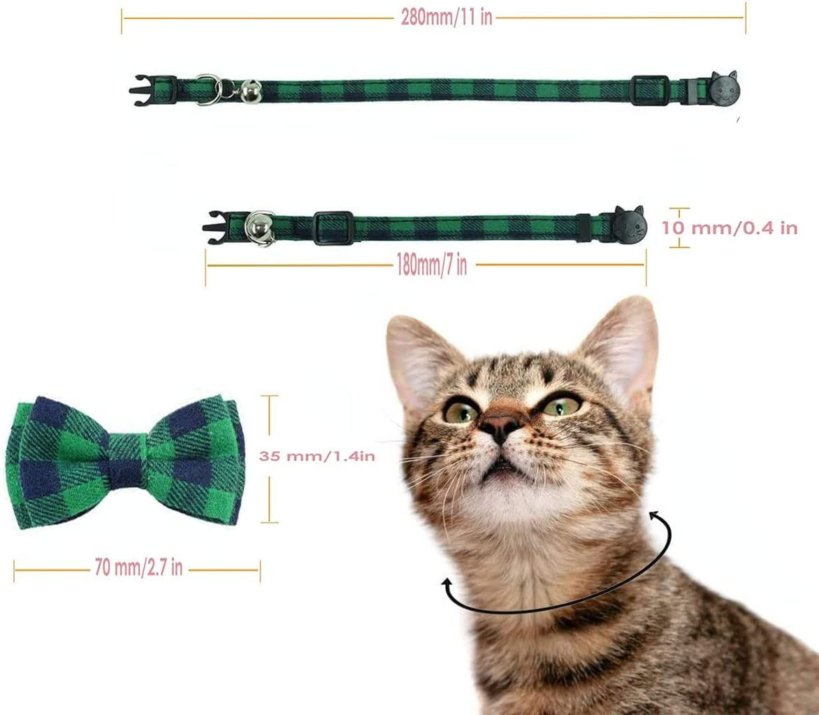 4PCS Breakaway Bowtie Pet Collar with Bell(2Red&2Green Plaid Style),Christmas Dog Collar with Bow, Christmas Plaid Dog Bow Tie, Adjustable Cotton Red Bowtie Dog and Cat Valentine'S Day Collars for Kitty, Puppy, Dogs,Small Pets image number 2