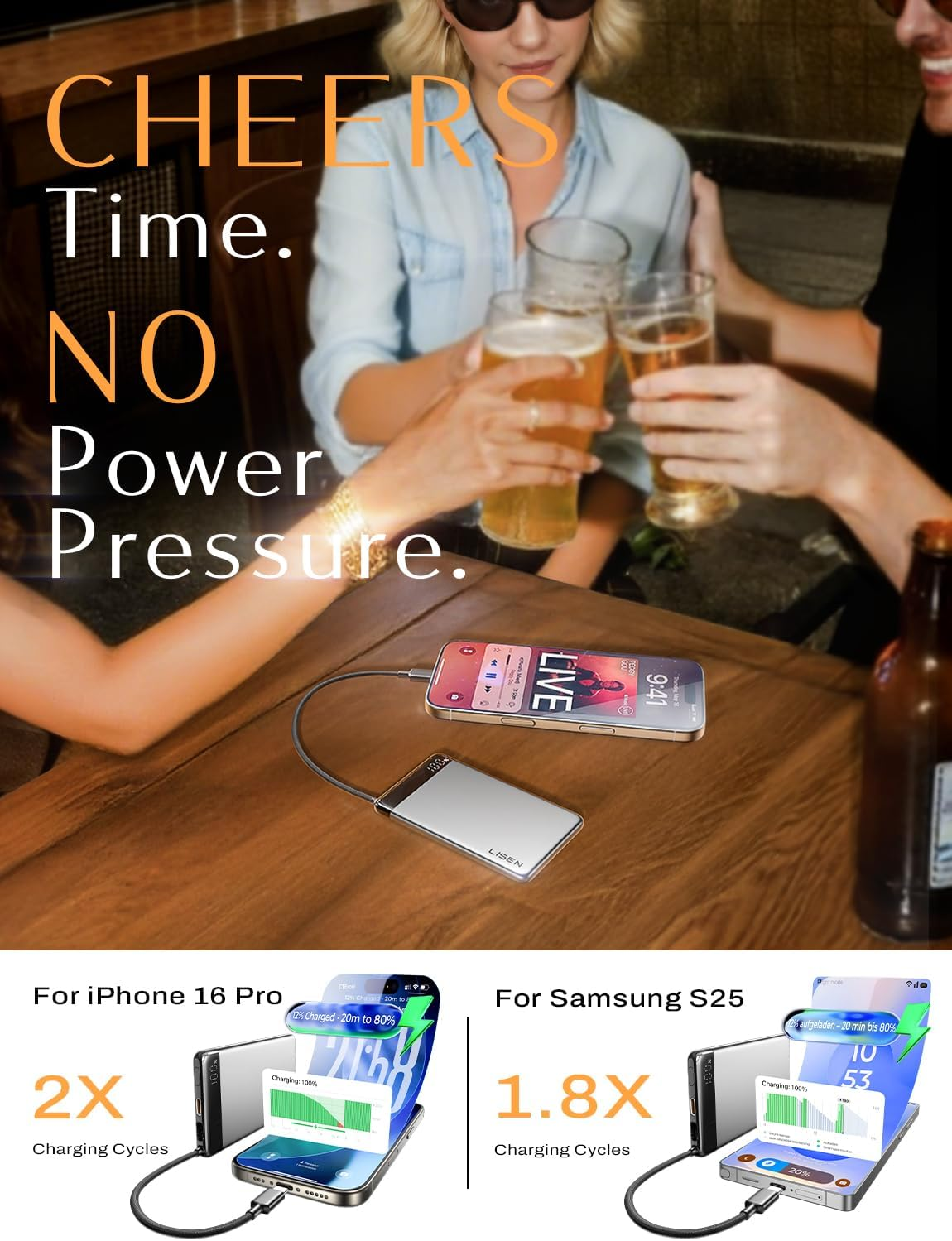 LISEN CCC Certified Power Bank 22.5W Portable Charger, Alloy 0.5" Ultra Slim Powerbank Travel Essentials, Battery Bank with Built-In USB C Cable, 10000Mah Portable Charger for Iphone 17 Pro Max 16 15 image number 2