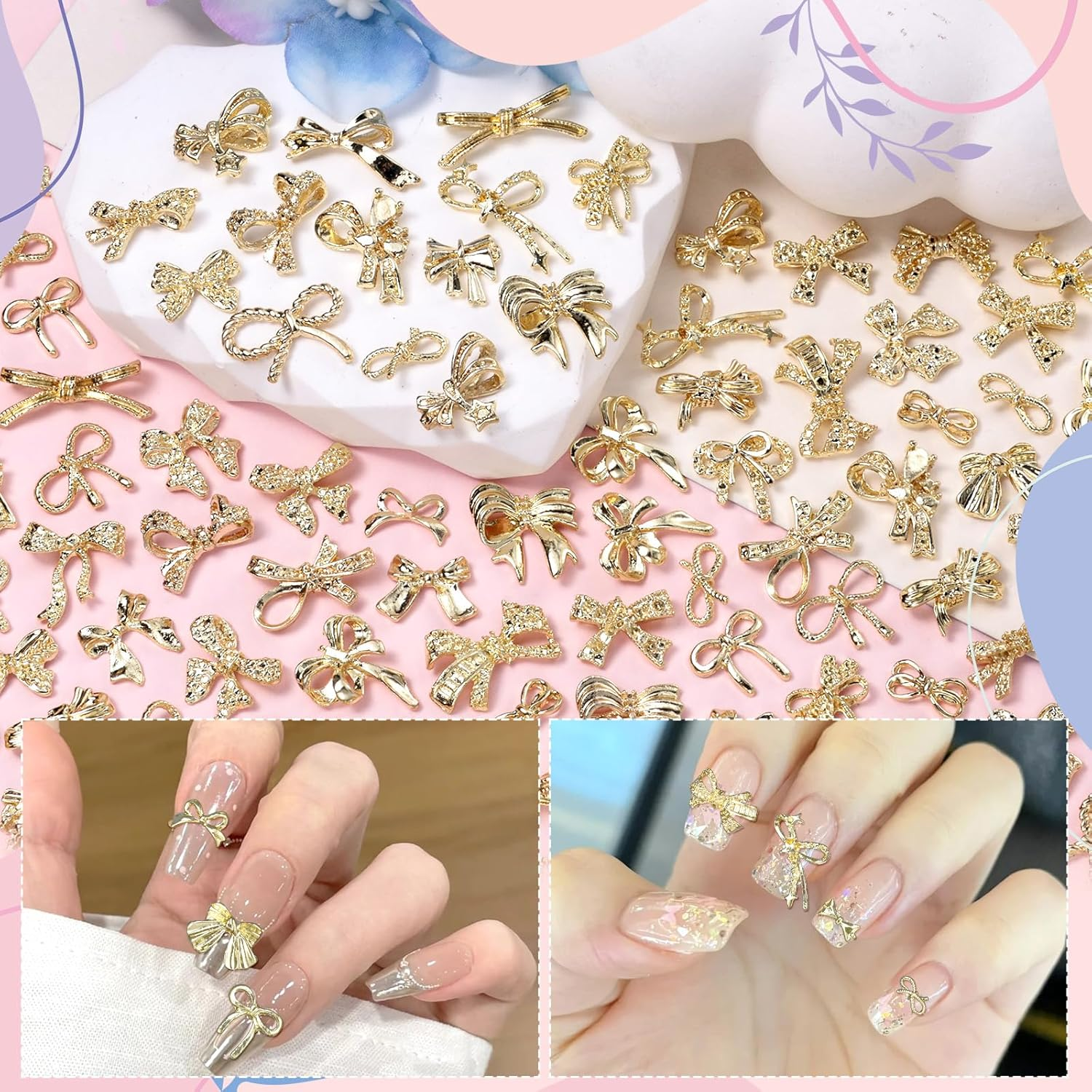 32 Styles 160 Pcs Metal Golden Bow Nail Charms, 3D Alloy Bow Bowkont Nail Charms for Acrylic Nails, Gold Bows Nail Art Charm for Nails DIY Y2K - S3 image number 3