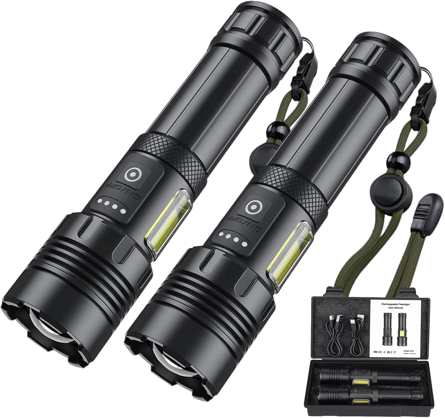 2 Pack LED Torch, Rechargeable Flashlight Super Bright with Cob Side Light, High Lumens Handled Torch, High Powered Torches, Powerful Tactical Flashlight for Camping Hiking Emergency