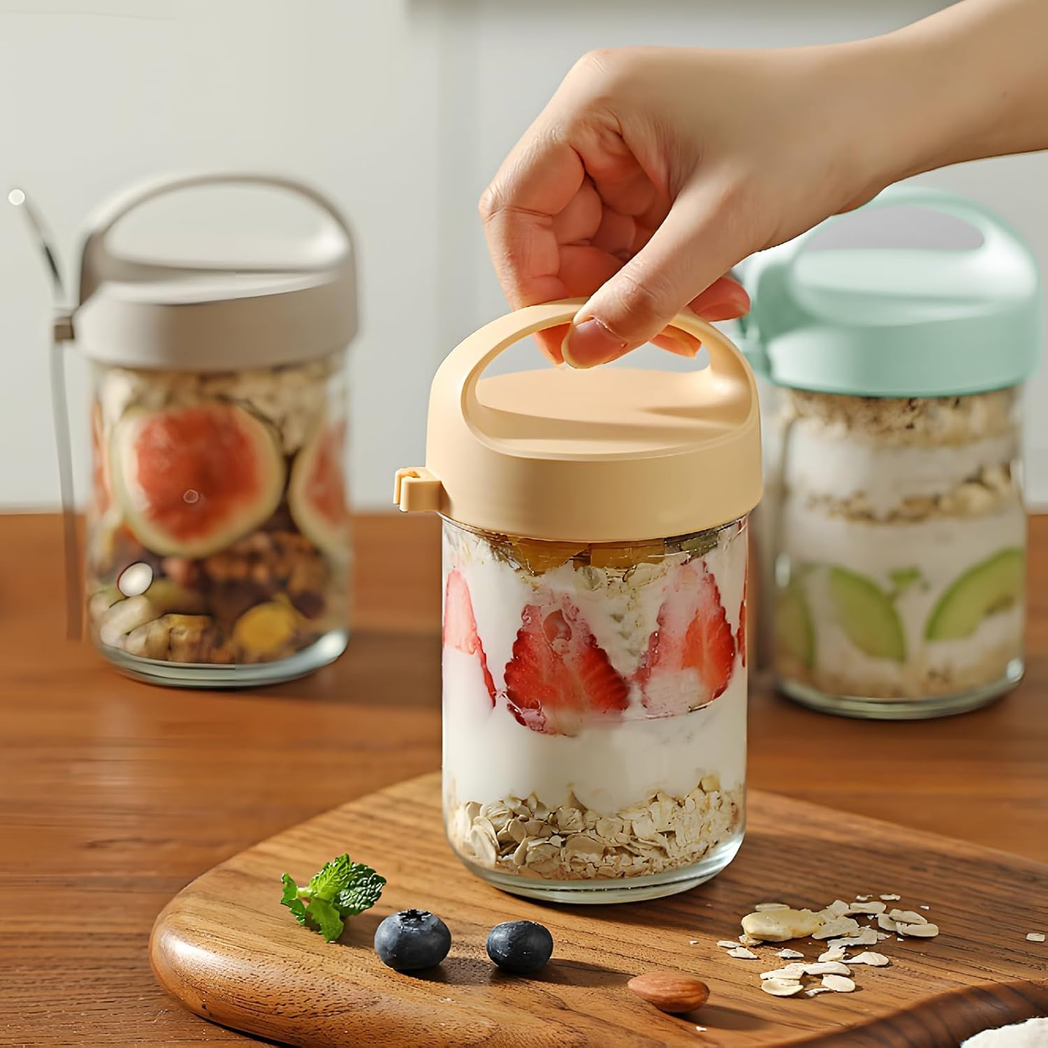 6 PCS 15Oz Overnight Oats Containers with Lids and Spoons, Wide Mouth Glass Mason Overnight Oats Jars, Large Capacity Airtight Jars for Milk, Cereal, Fruit image number 1