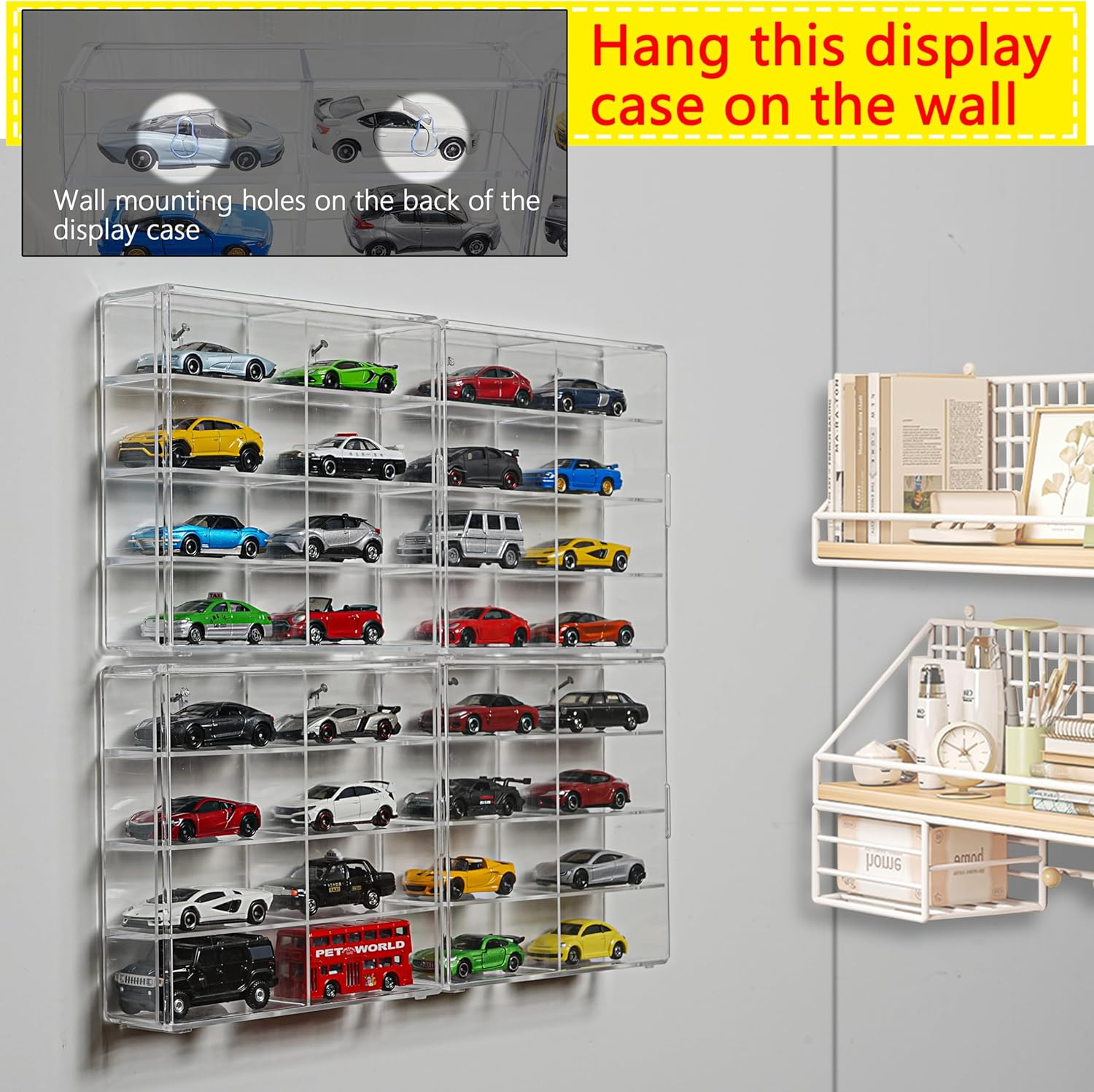 Nisshinn KASTUN Display Case for 32 Hot Wheels,Matchbox Cars,Display Case Wall Mount,Transparent Storage Case for 1/64 Diecast Cars,Wall Hanging,Stackable,Clear,Dustproof image number 5