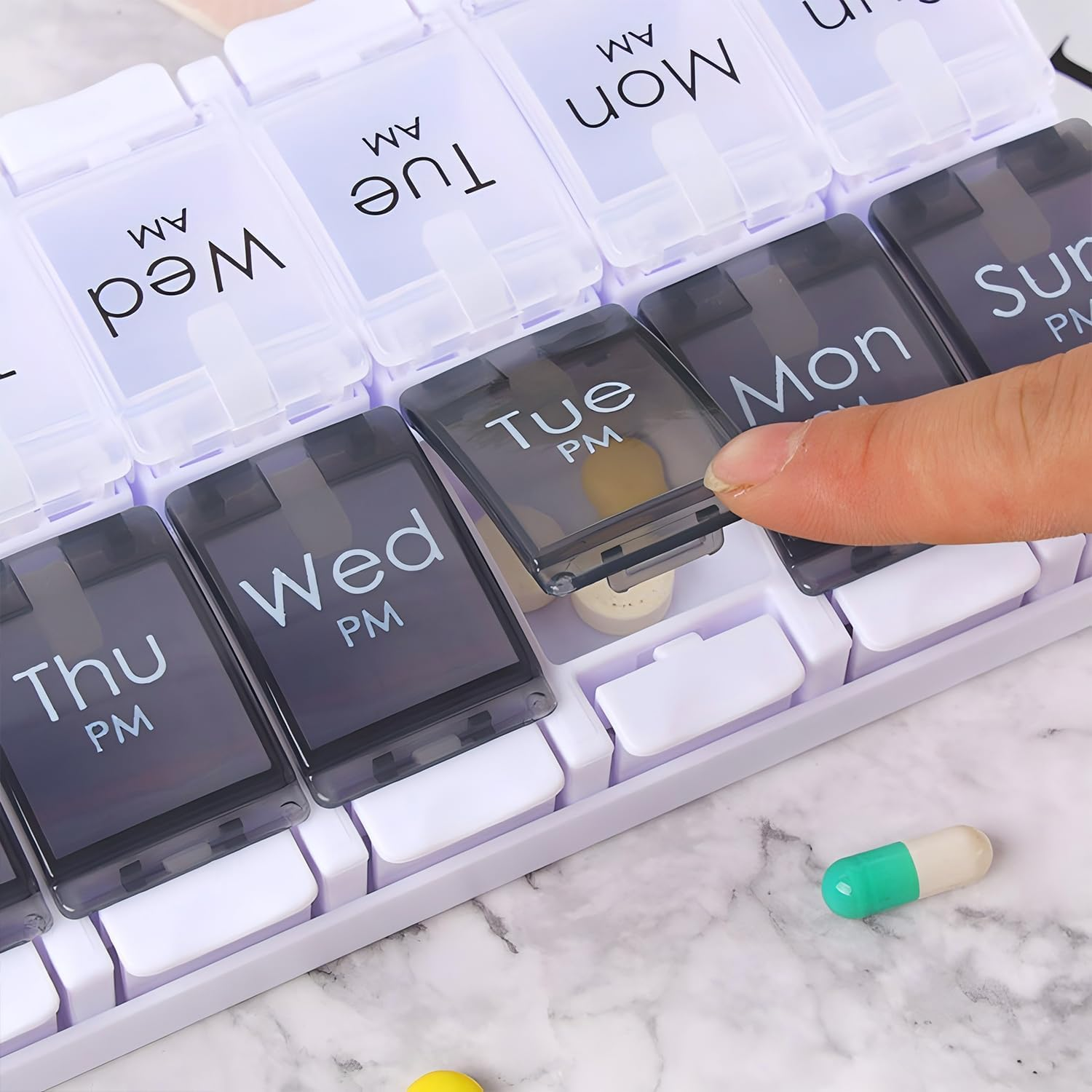 Push Button Pill Organizer 2 Times a Day, AM PM Pill Box 7 Day, 14 Compartments Pill Dispenser, Transparent Large Weekly Pill Container (Black and White)