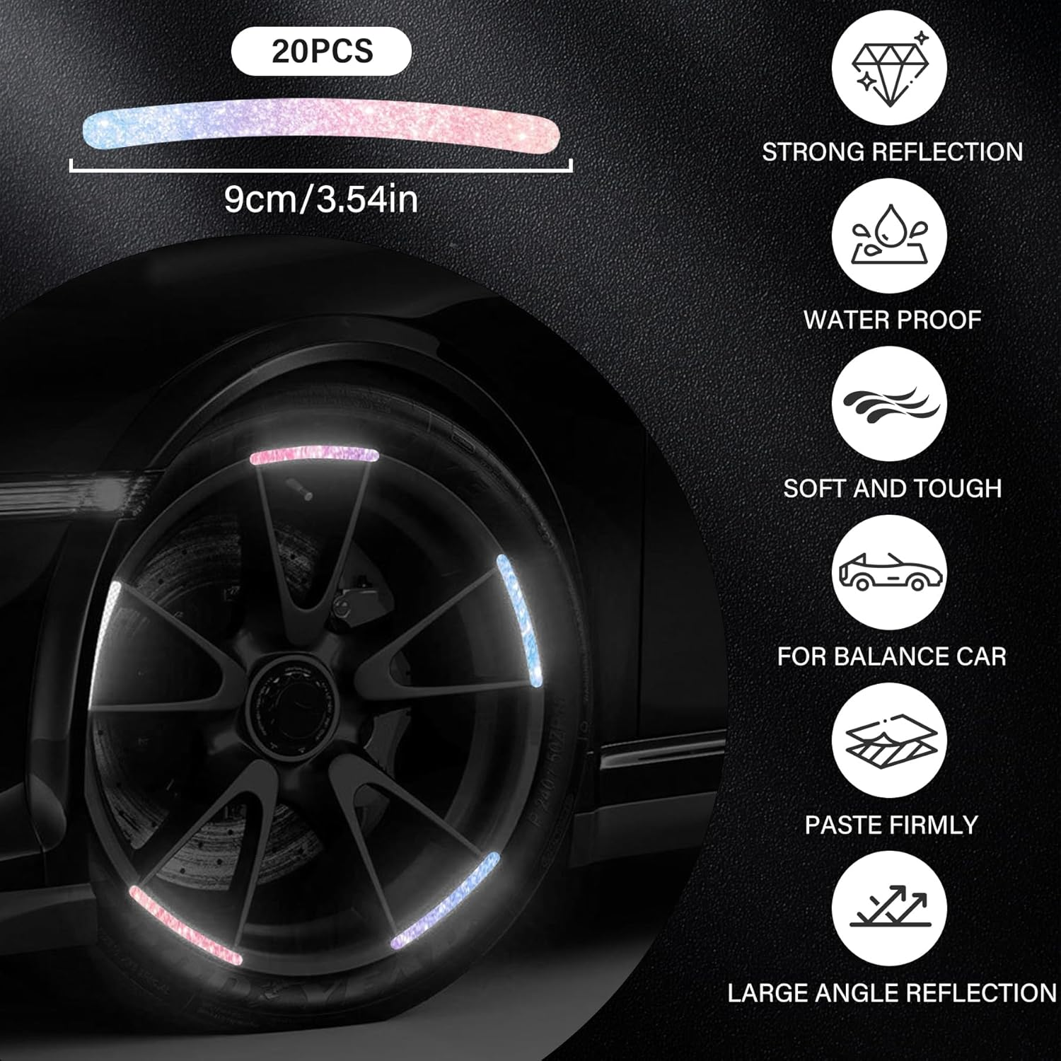 EKIND Reflective Wheel Rim Stickers, Waterproof High-Temperature Resistant Car Decals in Night, Flexible Scratch-Proof Warning Strips Cars, Motorcycles, Bicycles, (20Pcs, Sparkl Diamond Colorful) image number 5