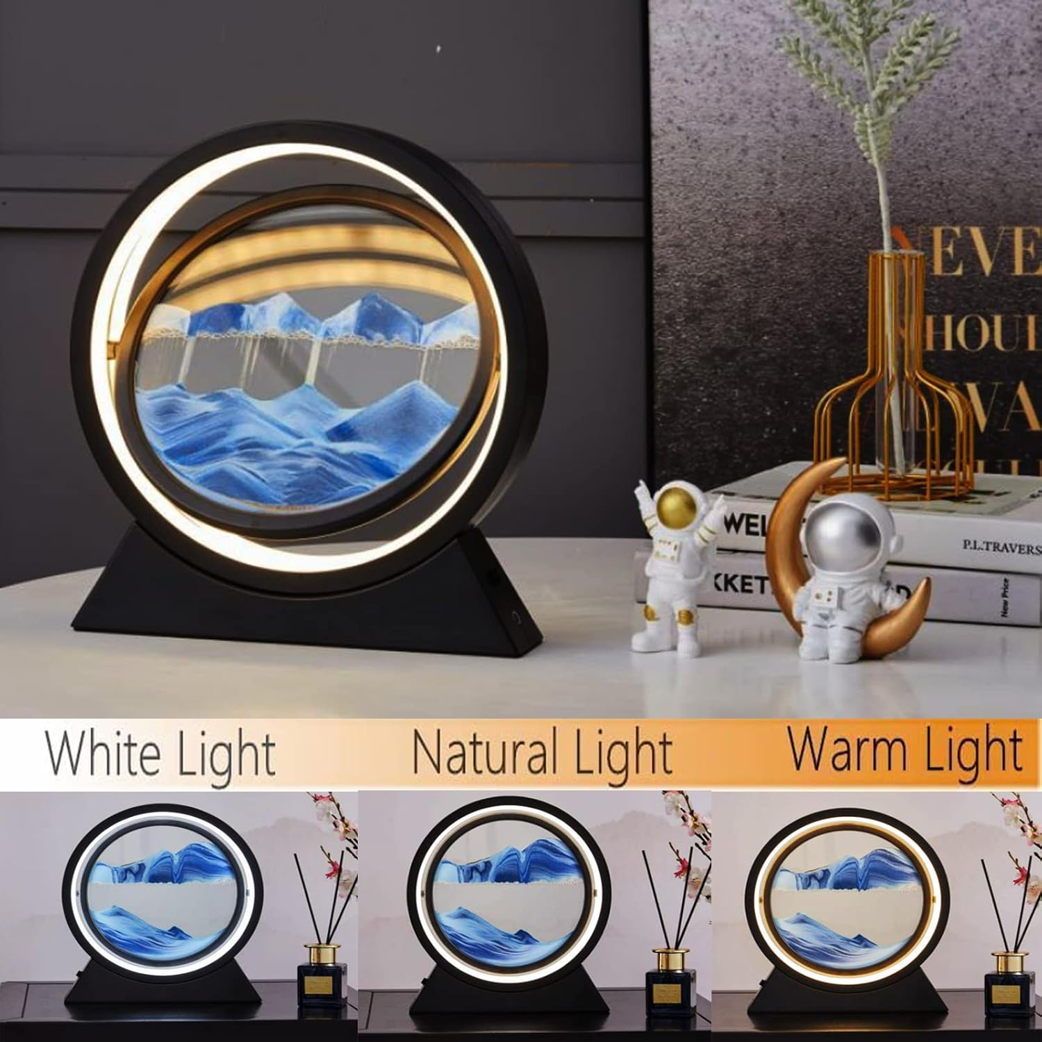 Yinhamnl Moving Sand Art Picture with Light, 3D Hourglass Deep Sea Sandscape Table Lamp, 360&deg; Rotatable Quicksand Decor Picture round Glass Creative Sand Painting Lamp,Life Home Desktop Decor(Blue) - Gold image number 2