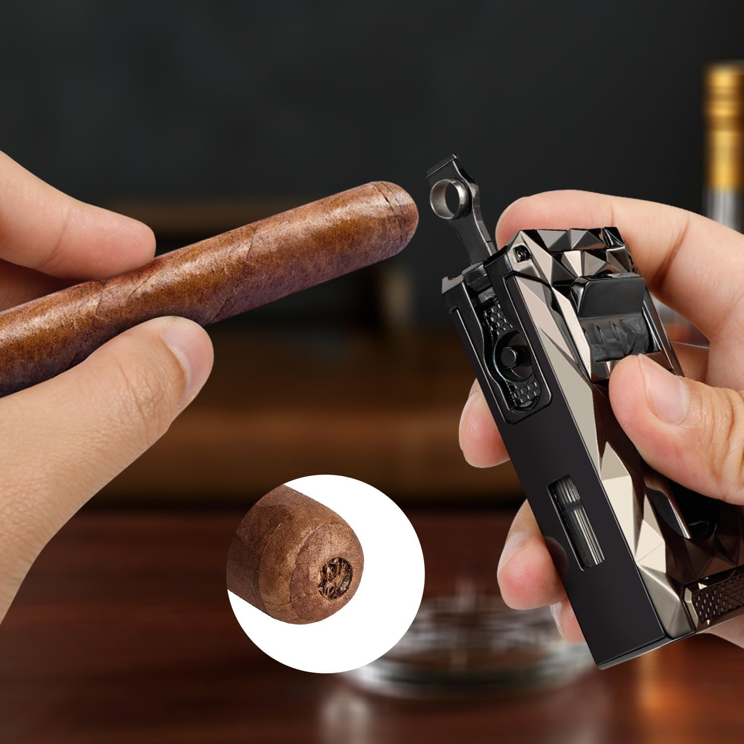 Torch Lighter with Windproof Jet Flame, Built-In V Cutter & Needle, Refillable Butane Gas Metal Lighter, Multifunctional All-In-One Pocket Lighters for Candles Men Gifts (Without Gas) (Black) - Black image number 2