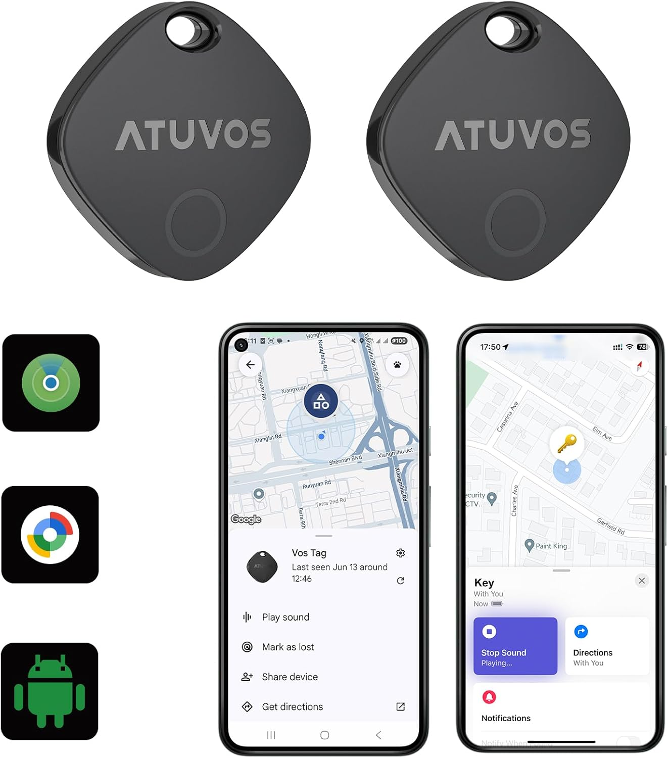 ATUVOS Dual System Air Tracker Tag PRO 2 Pack, Smart Item Finder Works with Android Google Find Hub or Ios Apple Find My APP (Huawei Not Supported), Bluetooth Key Locator for Luggage, Suitcase, Wallet image number 4
