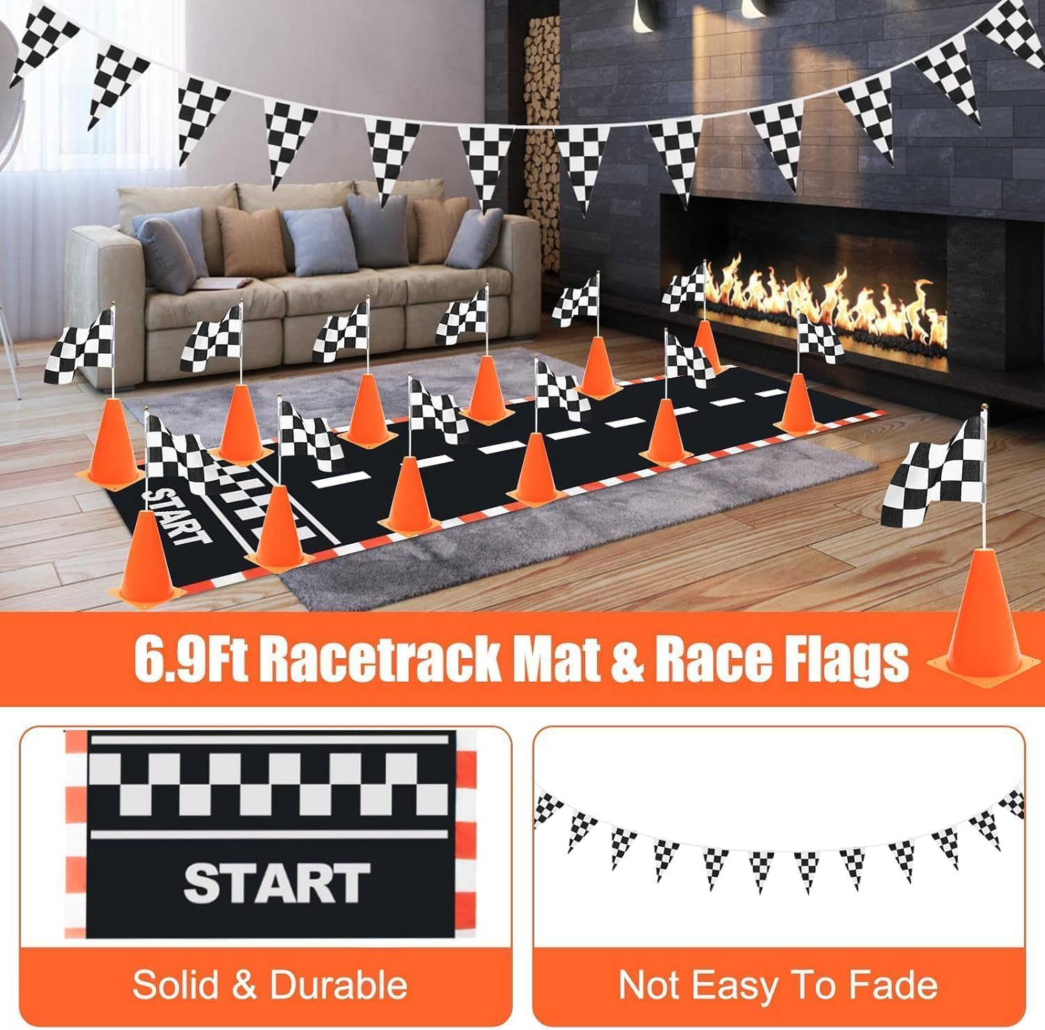 38 Packtraffic Cones and Racing Checkered Flags for Race Car Party Supplies Include 24 Checkered Flag/12 Mini Traffic Cones /6.9Ft Racetrack Floor Running /10Ft Hanging Checkered Flag