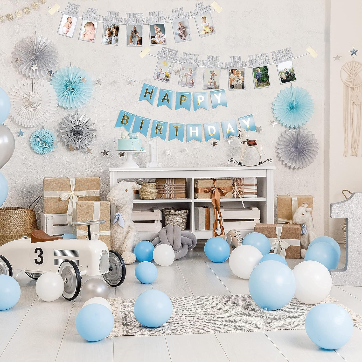 1St Birthday Photo Banner for Baby from Newborn to 12 Months, First Birthday Decorations Boy or Girl Monthly Milestones Garland | First Birthday Photo Banner Pre-Strung with Frame (Silver1) image number 6