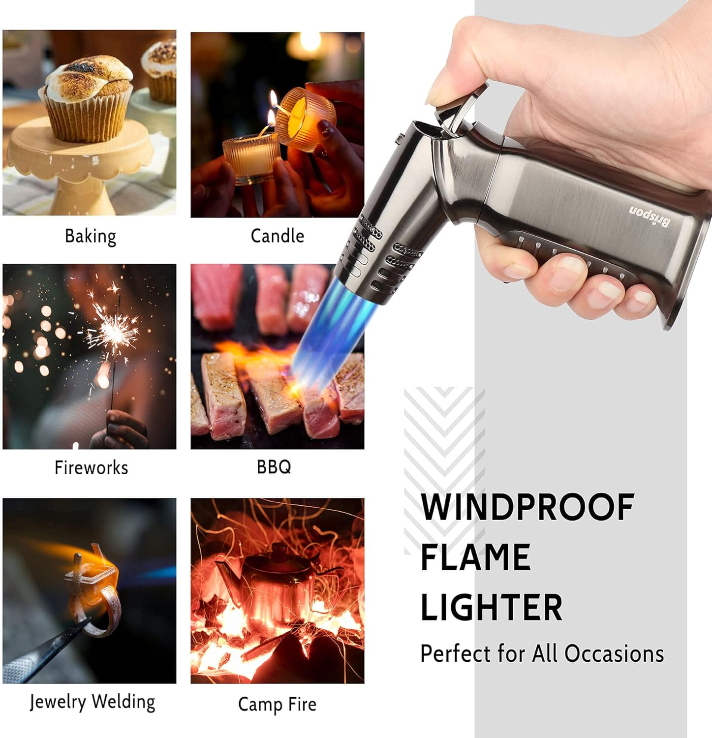 BRISPON Torch Lighter, Quad 4 Jet Flame Windproof Butane Refillable Lighter with Safety Lock for Kitchen Grill BBQ Candle Camping (Butane NOT Included) (Gunmetal)