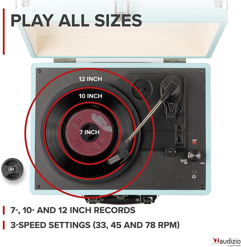 Audizio Turntable Briefcase Record Player | USB Retro Record Players for Vinyl with Speakers | 3 Speeds | Convert Retro Vinyl to Mp3 via USB | RCA Output/Aux 3.5Mm (Blue) image number 2