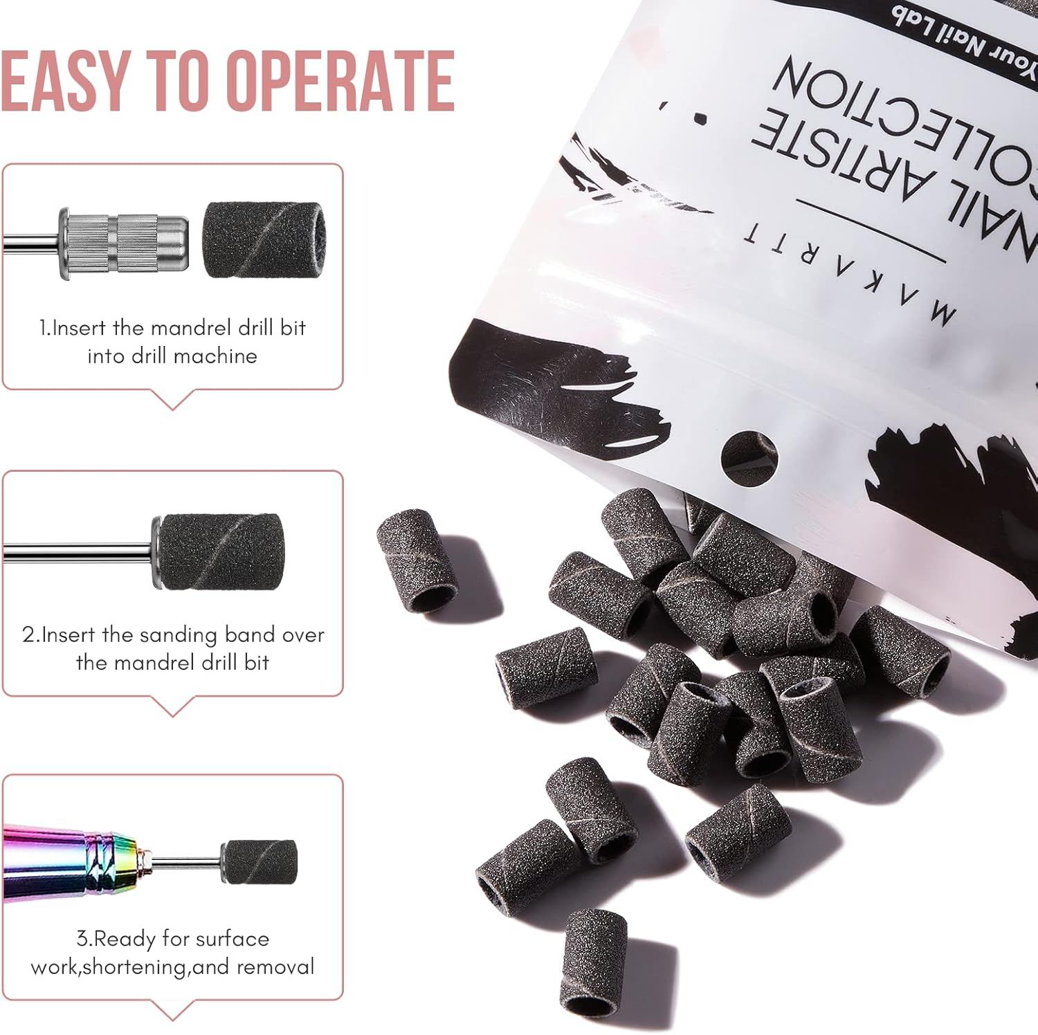 Makartt Sanding Bands for Nail Drill - 100 Pcs #240 Fine Grits Nail File Sanding Bands for Drill Bits, Nail Prep Smooth Polish, Upgrade Thicker Durable Sanding Drill Bit for Acrylic Nails Gel, Black image number 5