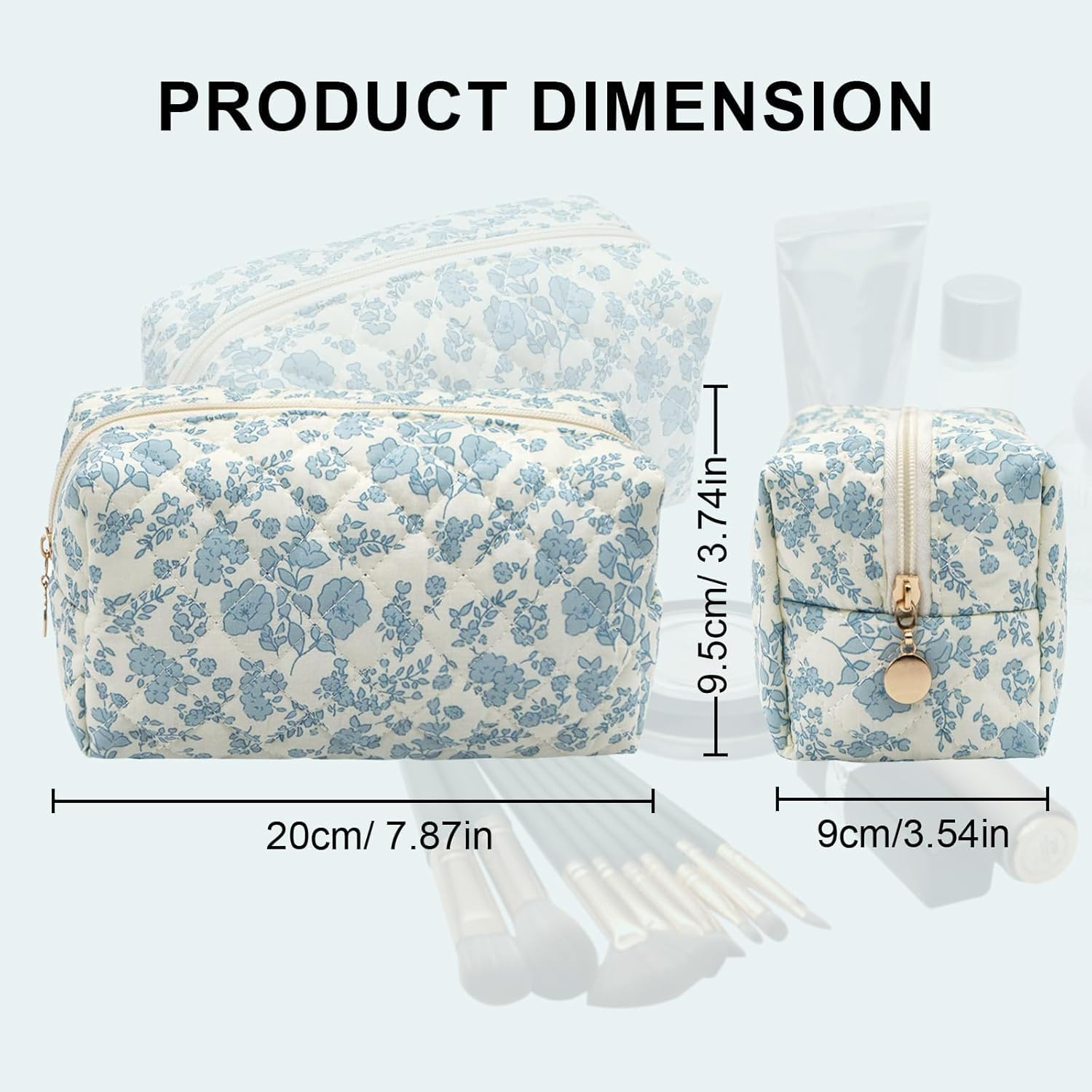 Makeup Bag Travel Cosmetic Bag for Women Girls, Zipper Make up Pouch, Floral Flowers Toiletry Organizer Makeup, Portable Storage Cosmetic Travel Cloth Bag (Blue Floral) image number 3