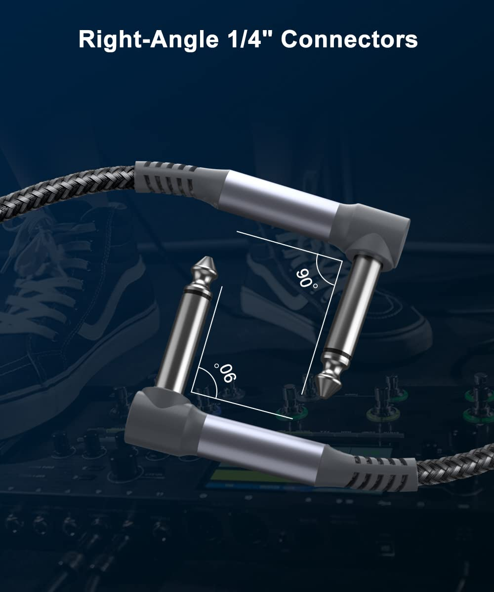 RUXELY Guitar Patch Cables 30CM 6-Pack,6.35Mm Effects Pedal Board Cord,Nylon Braided 1/4" Right-Angle Instrument Audio Cable,Pedalboard Connector TS Copper Wire for Amp/Amplifier,Mixer,Electric Bass