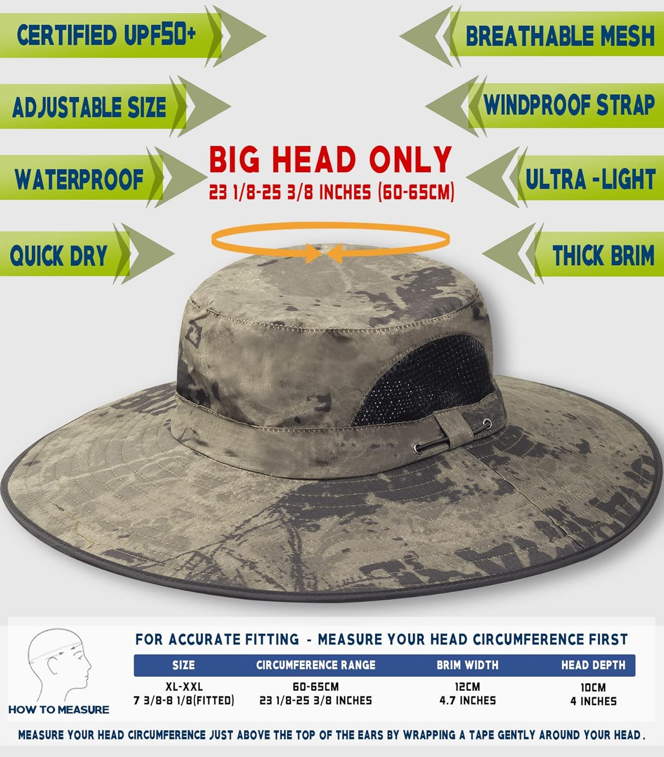 Extra Large Bucket Hat for Big Head, XXL Wide Brim Bucket Sun Hat Men/Women, Waterproof Boonie Hat for Fishing, Hiking, Camping, Smart Garden (Camo-Green) image number 2