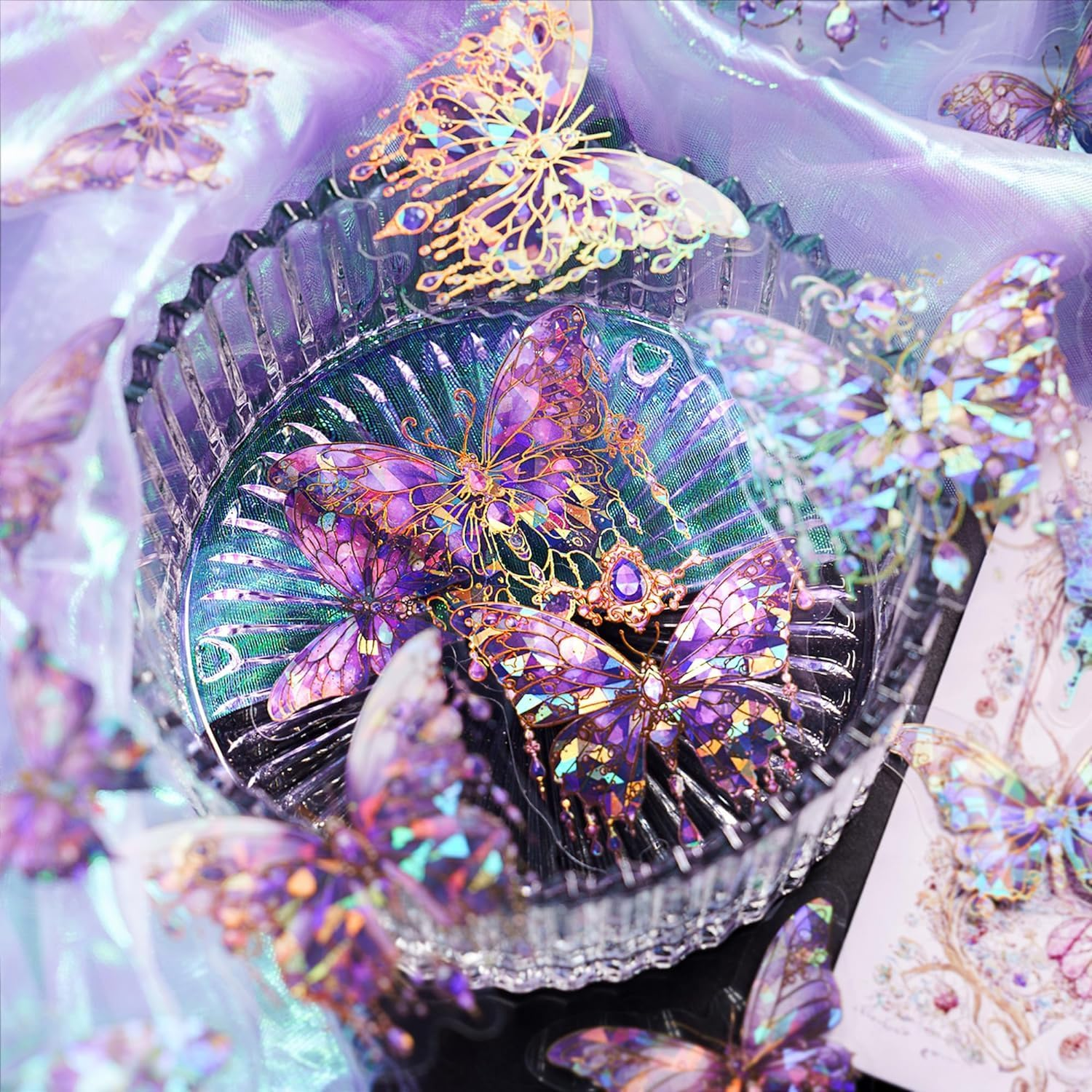 Butterfly Stickers Set - 120 Pcs Transparent Holographic Stickers for Scrapbooking, Resin Art, Junk Journals | Waterproof UV DTF Decals, Bullet Journal, Planner | Crystal, Fairy & Animal Themes image number 4