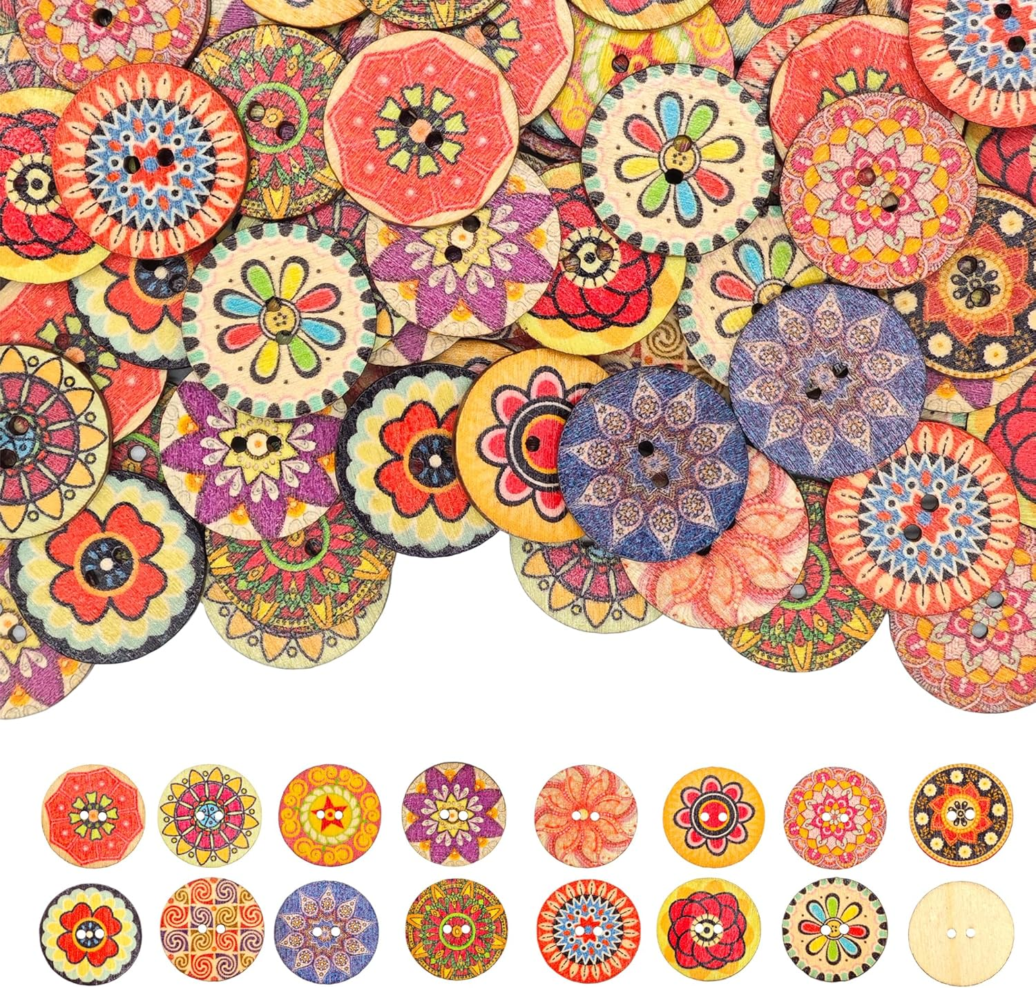 CANDEOLA 120-Pcs 1" Big Mixed Vintage Flower Wooden Buttons | Bulk Assorted Colors Natural Wood Buttons for Sewing Clothes Crafts Decorations (25Mm) image number 1