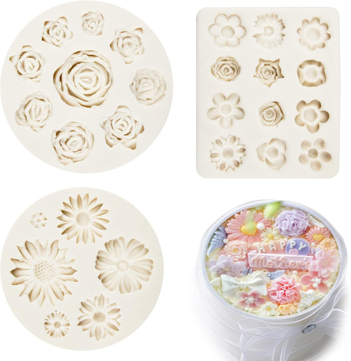 3 Pcs Flower Molds Flower Silicone Mold Flowers Fondant Mold Set Cake Baking Mold Sugarcraft Candy Chocolate Molds Polymer Clay Mold for DIY Soap Jewelry Casting DIY Crafting Projects image number 5