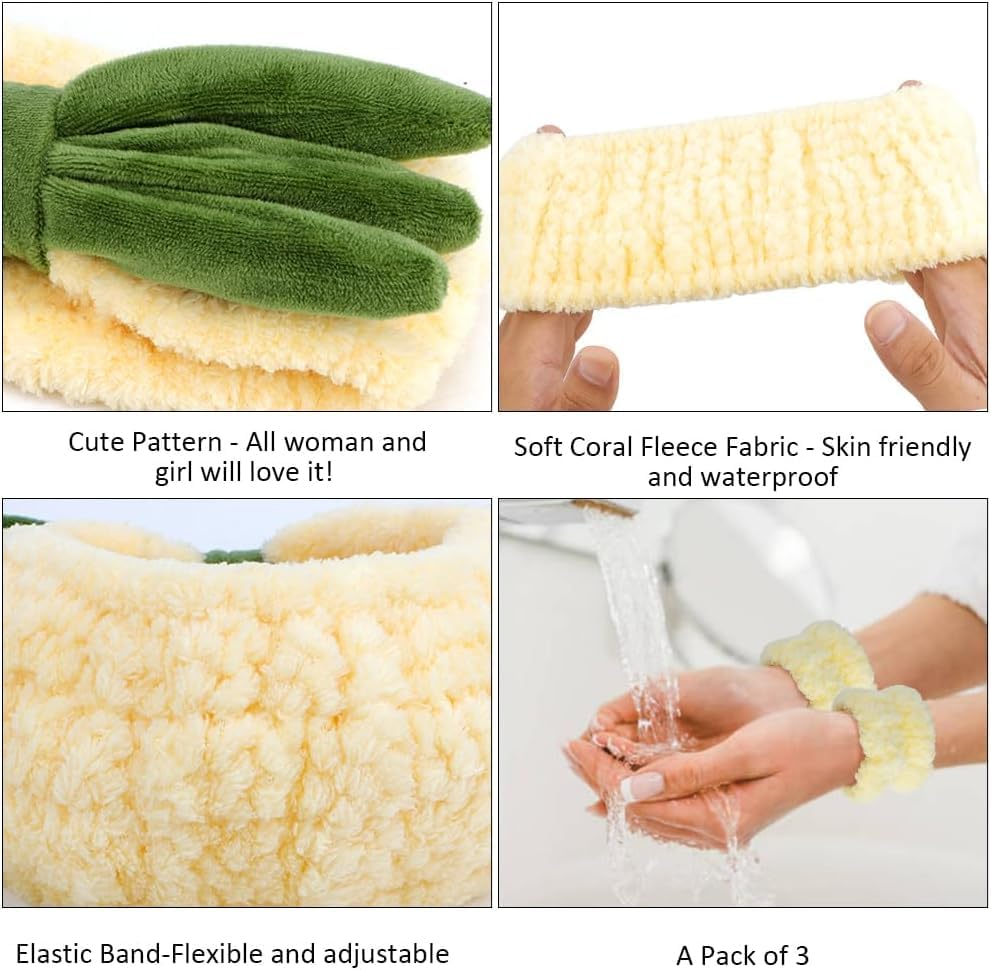 Spa Headband, Face Wash Headband and Wristband Set, Cute Makeup Skincare Headbands Wrist Bands for Washing Face Fluffy Headband for Women Girls Elastic Hair Band (Pineapple, Set of 3) image number 6