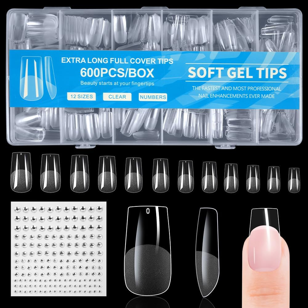 BUTBU 600 Pieces Square False Nails, 12 Sizes Transparent Nail Tips, Short Nail Tips, Gel Nail Tips Full Coverage for Salons Nails, DIY Manicure