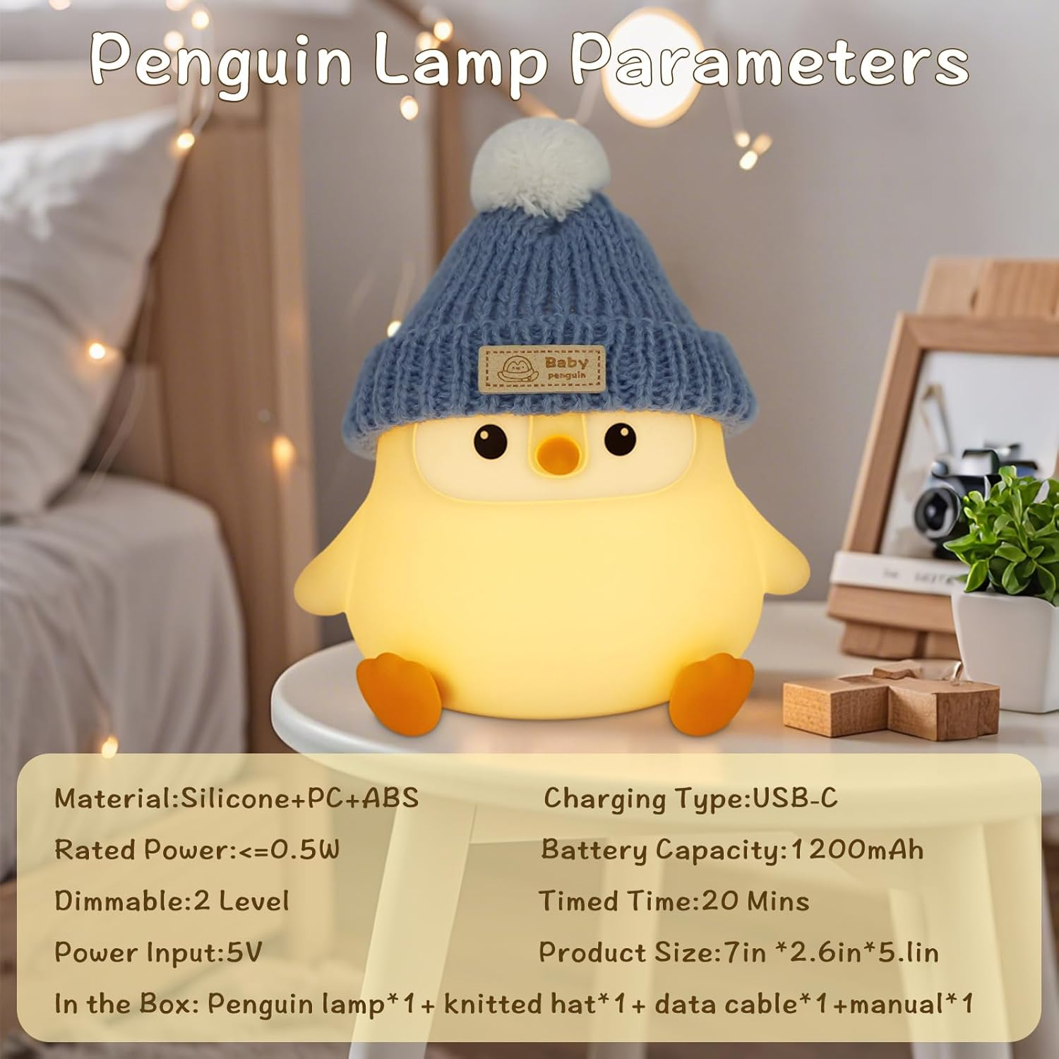 FAMIDUO Penguin Lamp with Knit Hat,Kawaii Penguin Night Light,Food Grade Silicone,Dimmable Nursery Nightlight,Led Squishy Novelty Animal Lamp,Kids Room Decor,Funny Gifts for Kids Boys Girls Baby