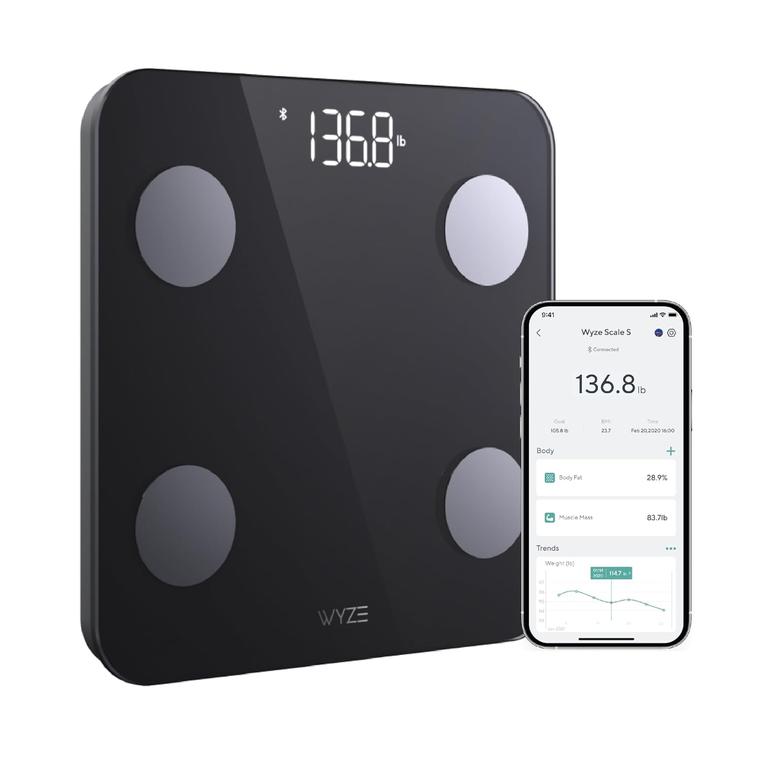 WYZE Body Fat Scale S, Digital Bathroom Scale, Body Composition Analyer, Baby/Pet Mode, 400 Lb Black image number 2