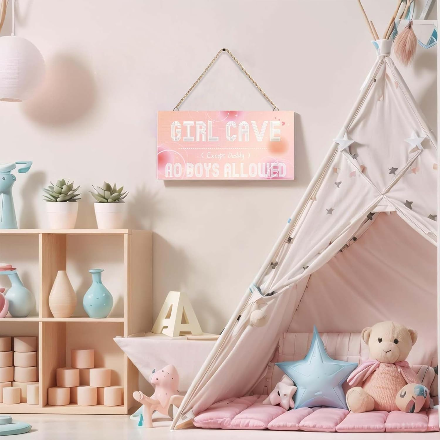 DUMING-IN Girl Cave Sign, 12"X6" Cute and Funny Girl Cave Hanging Wooden Door Sign Wall Decor, Kids Room Signs for Door, No Boys Allowed Sign, Room Decor for Teen Girls (Pink)