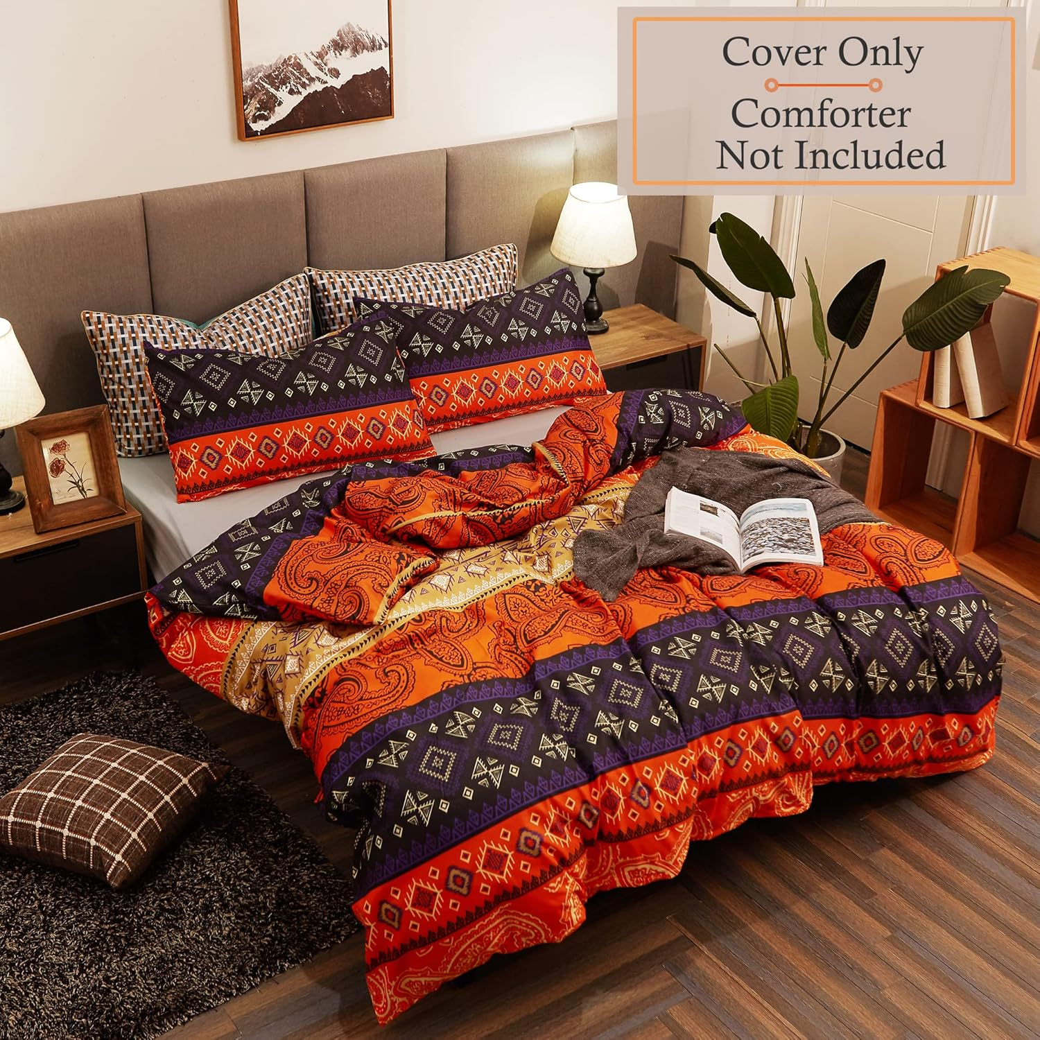 LAMEJOR Duvet Cover Sets Queen Size Bohemia Exotic Pattern Vibrant Color Luxury Soft Bedding Set Comforter Cover(1 Duvet Cover+2 Pillowcases) Orange/Teal Purple image number 6