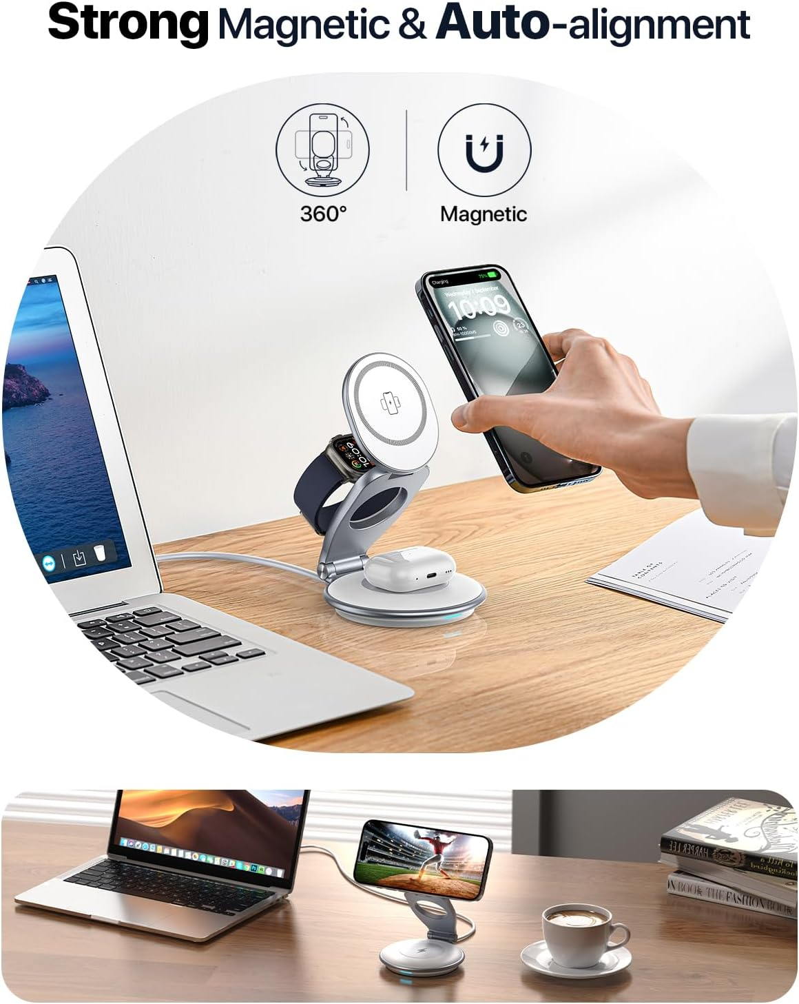 EXW 3 in 1 Wireless Charger for Apple, Wireless Charging Station for Bedside, 15W Phone Charger Stand with 30W Adapter for Iphone 17/16/15/14/13/12 Series, Airpods and Apple Watch Charge (White) image number 6