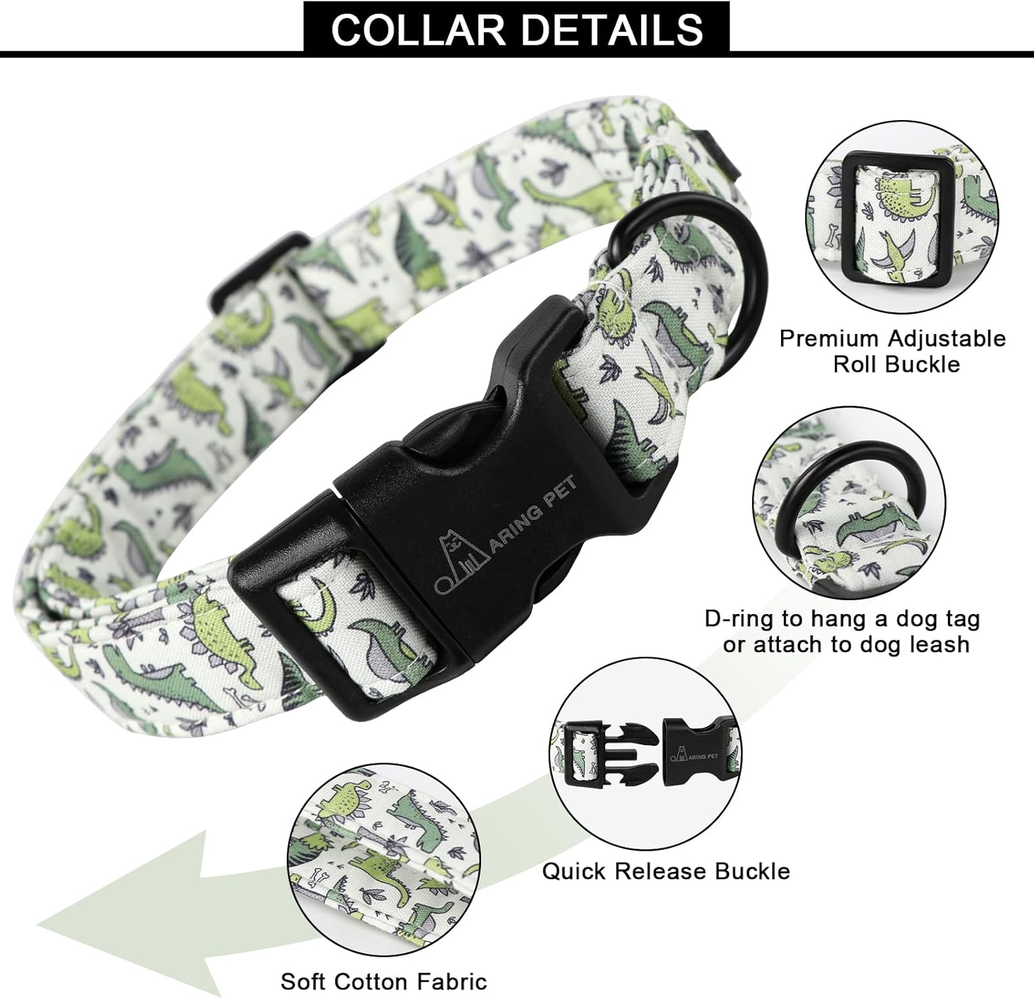 ARING PET Dinosaur Dog Collar-Cute Dog Collar for Small Dogs, Adjustable Comfortable Cotton Boy Dog Collars for Small Medium Large Dogs, Small image number 7