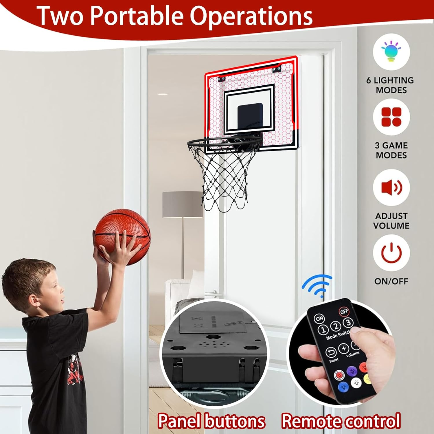 Indoor Basketball Hoop for Kids over Door Mini Basketball Hoop with 4 Red Rubber Balls Basketball Ring with Scoreboard Timer and Remote Control Gifts for 4-12 Year Old Boys Girls image number 6