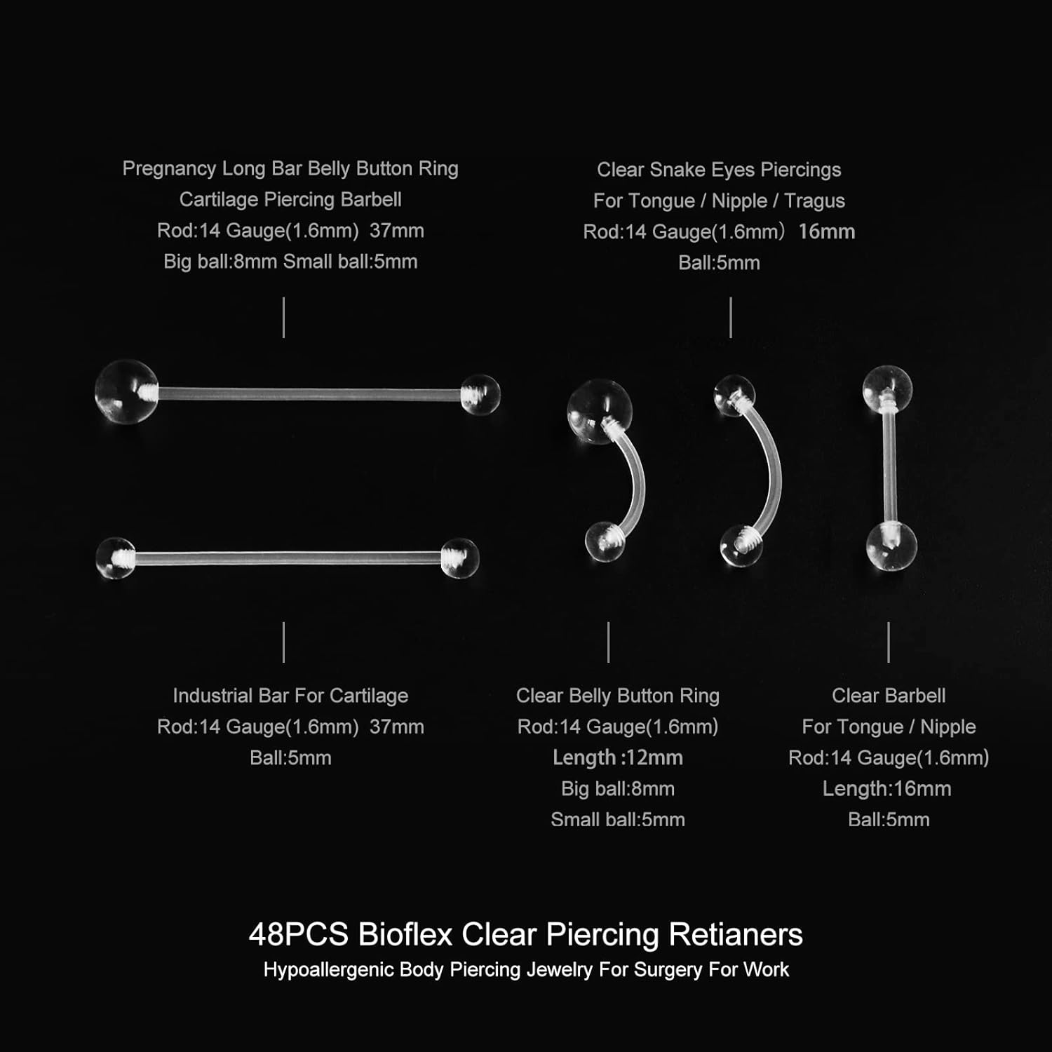 48Pcs Clear Piercing Retainers Jewellery Plastic Nose Tongue Nipple Belly Bars Eyebrow Lip Labret Stud Septum Hoops Cartilage Industrial Tragus Earring Retainer for Surgery Mri image number 5