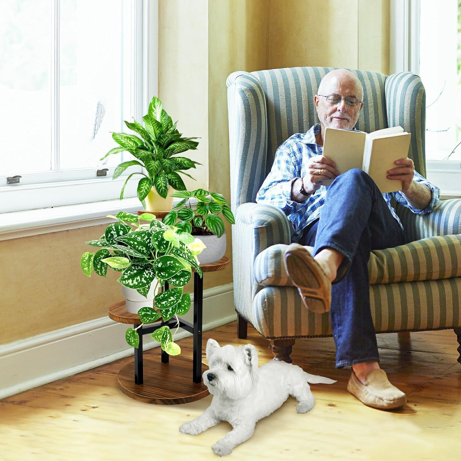 3 Tier Plant Stand, Tall Metal Wood Shelf Holder for Indoor, Outdoor Display Rack Flower Pot Stand for Corner Living Room Balcony Garden Patio image number 5