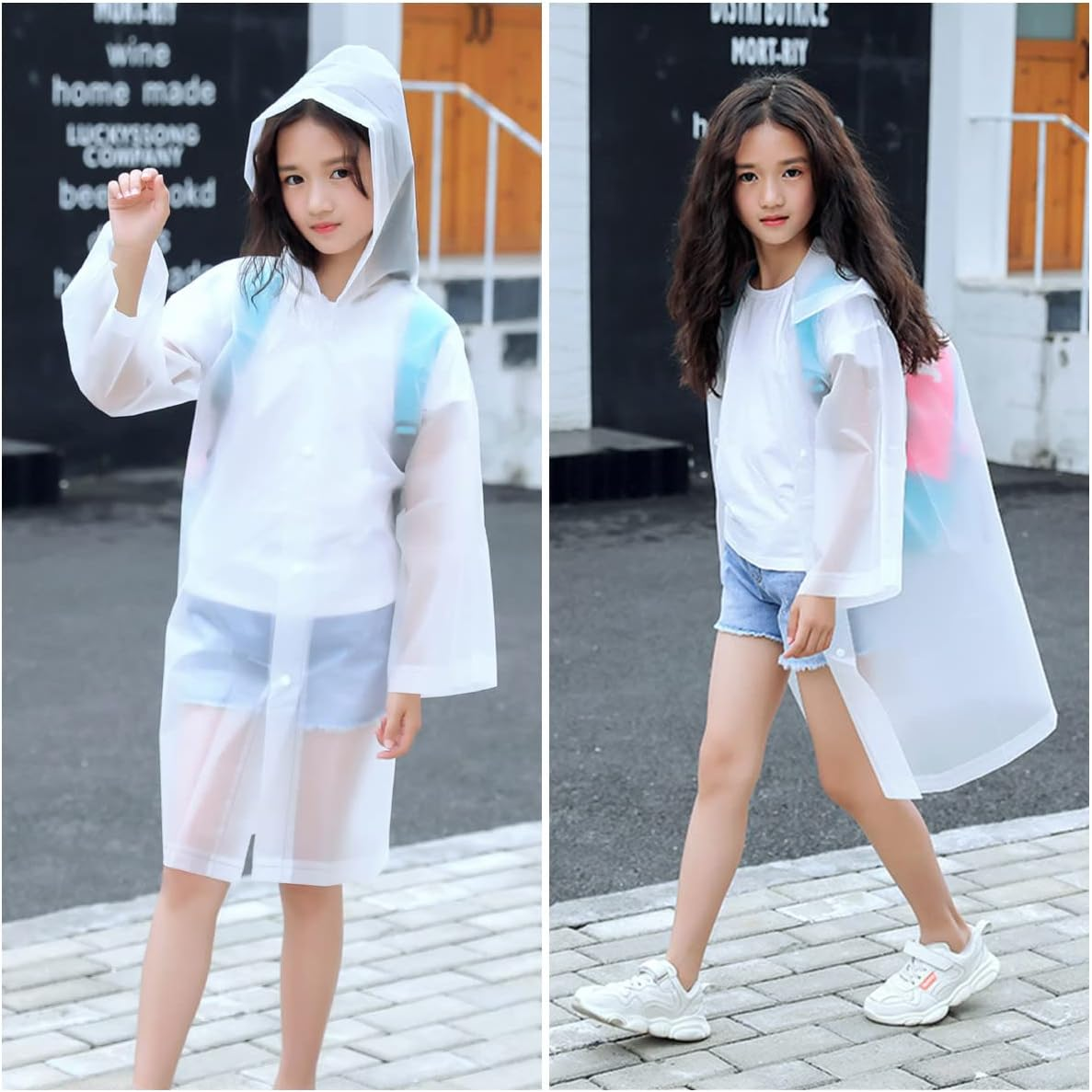 Kids Rain Poncho 2 Pack, Reusable Raincoat Rain Jackets for 6-14 Girls Boys - 2 White image number 5