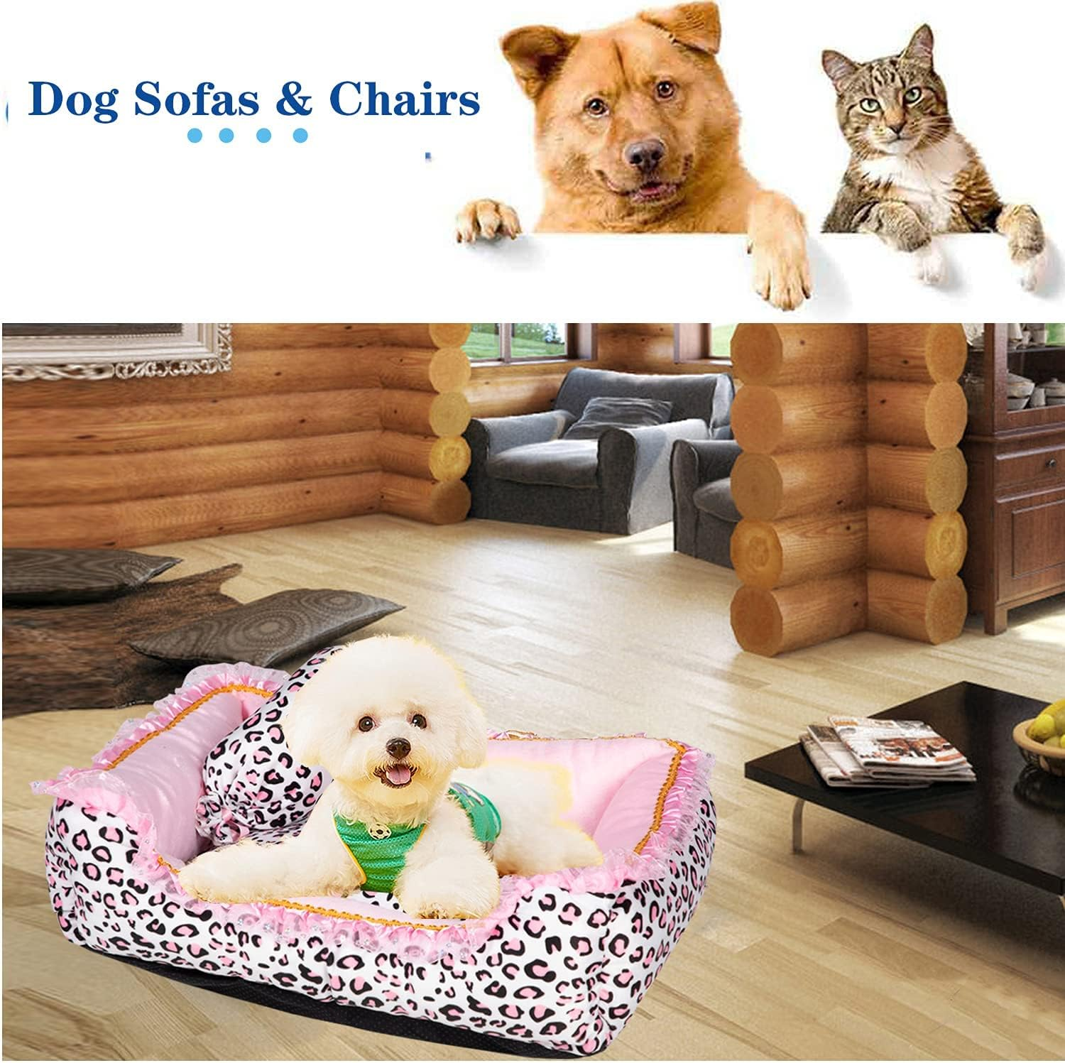 Gigreinc Cute Pink Puppy Sleeping Mat Bed with Leopard Pattern round Square Shape Cat Dog Sofa Bed Pet House Nest Cave(M, Square Bed) image number 2