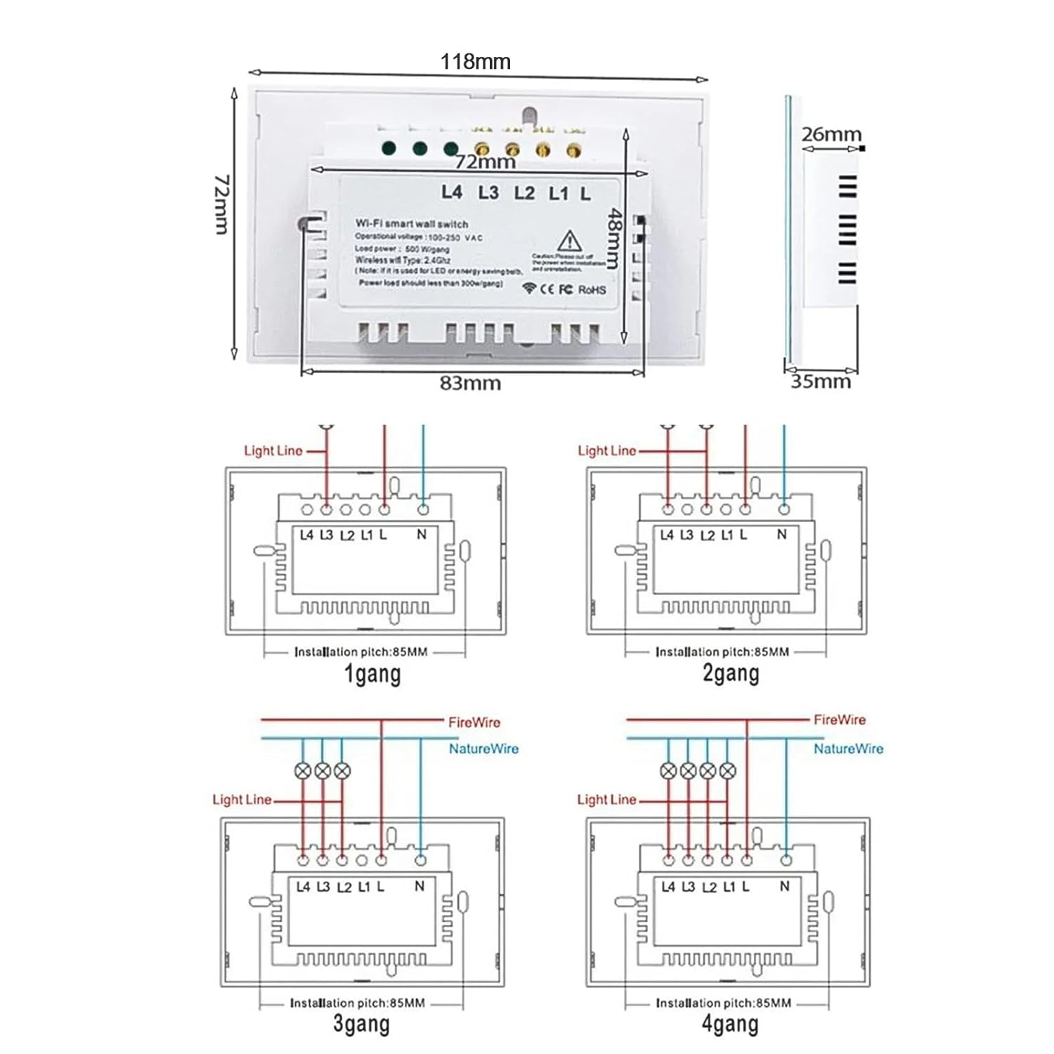 7Pandas Smart Light Switch, Wifi Wall Light Touchpad Switch, Tempered Glass Touch Panel Touch Wall Mount Switches, Compatible with Alexa, Google Assistant, Remote Control, Timer (4Gang-Black) image number 4