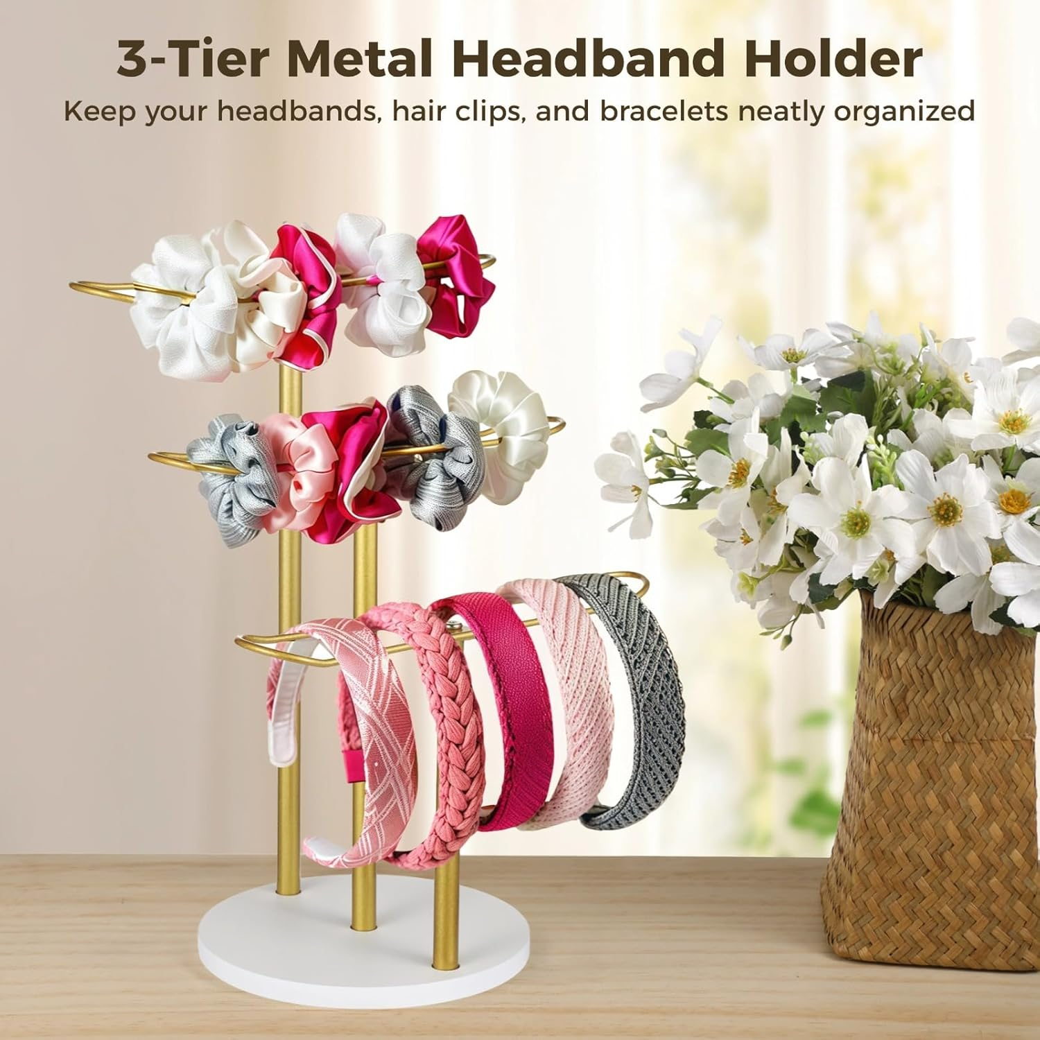 YOFAPA Metal Headband Holder Organiser, Metal Head Holder Manager, Three Layer Hair Holder, Hair Clip, Bracelet, Hair Holder with Gold Frame, White round Base