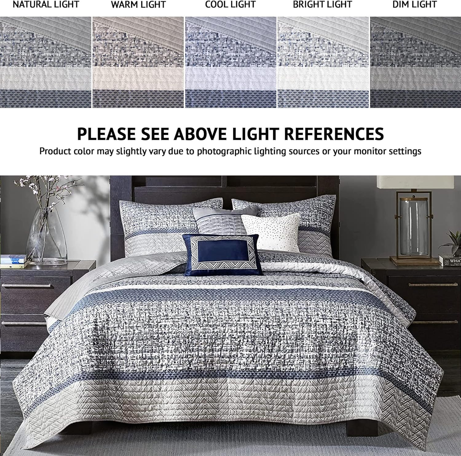 Madison Park Quilt Set Luxurious Jacquard Stripes Design - All Season, Coverlet Bedspread Lightweight Bedding Layer, Shams, Decorative Pillow, Full/Queen(90"X90"), Chevron Navy 6 Piece