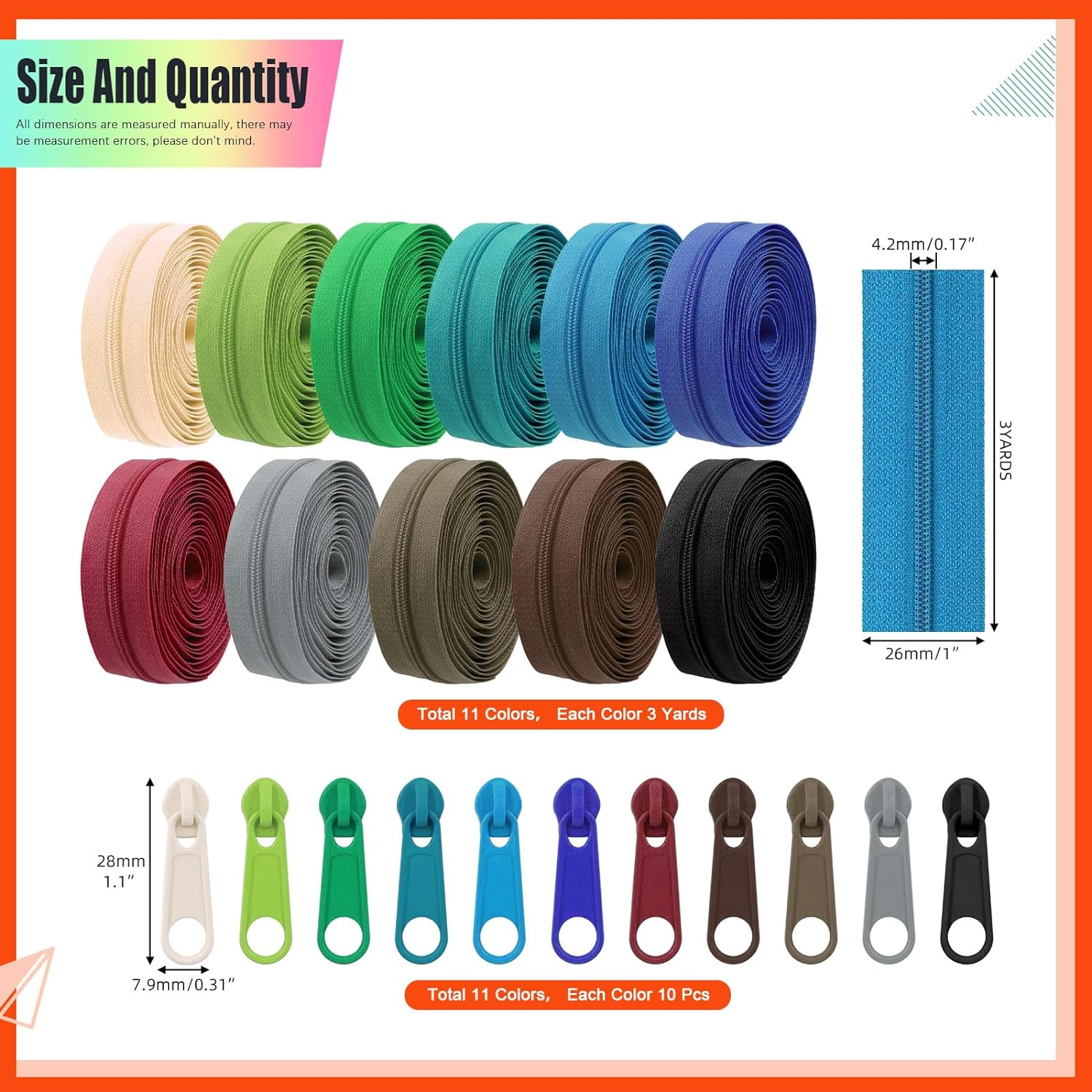 Tanstic 121Pcs(11 Sets) 33 Yards #3 Nylon Coil Zippers with Zipper Sliders Assortment Kit, 11 Colors Sewing Zippers Zipper Tape Nylon Zippers Bulk with Zipper Heads for Tailor Sewing Crafts
