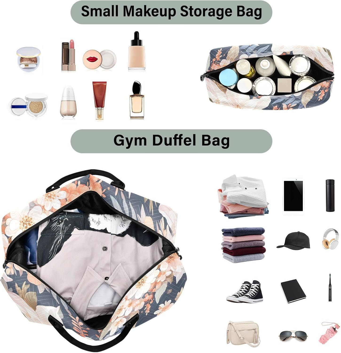 XYMZR Large Travel Duffel Bag, Blooming Floral Sports Tote Gym Bag, Shoulder Weekender Overnight Bag for Women Men, Carry on Luggage with Toiletry Bags, Multi-Colored, Multi-Colored image number 2
